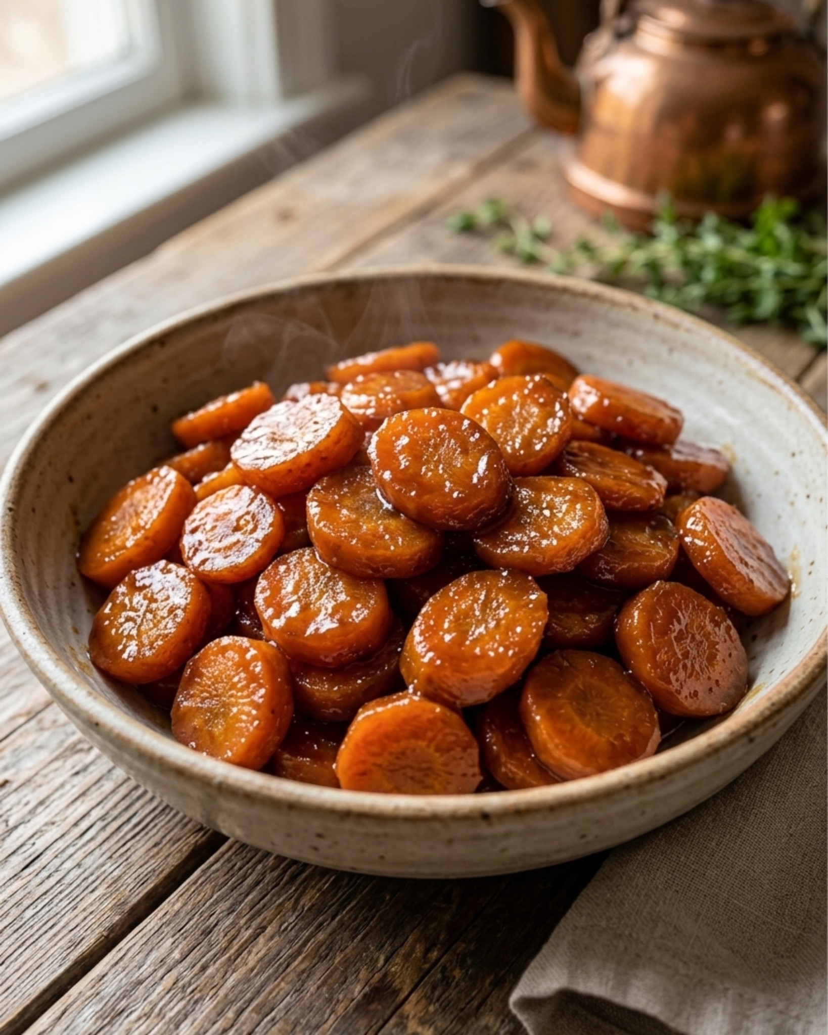 Tender brown sugar glazed carrots in a rustic bowl with a buttery sweet glaze, served warm as an easy slow cooker side dish.