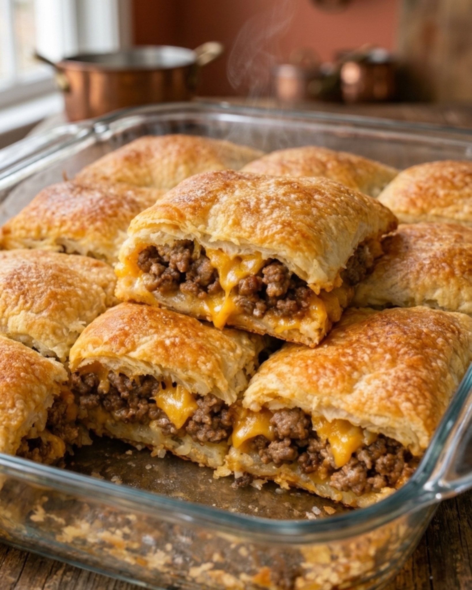 Flaky puff pastry pockets filled with seasoned ground beef and melted cheese baked until golden brown.