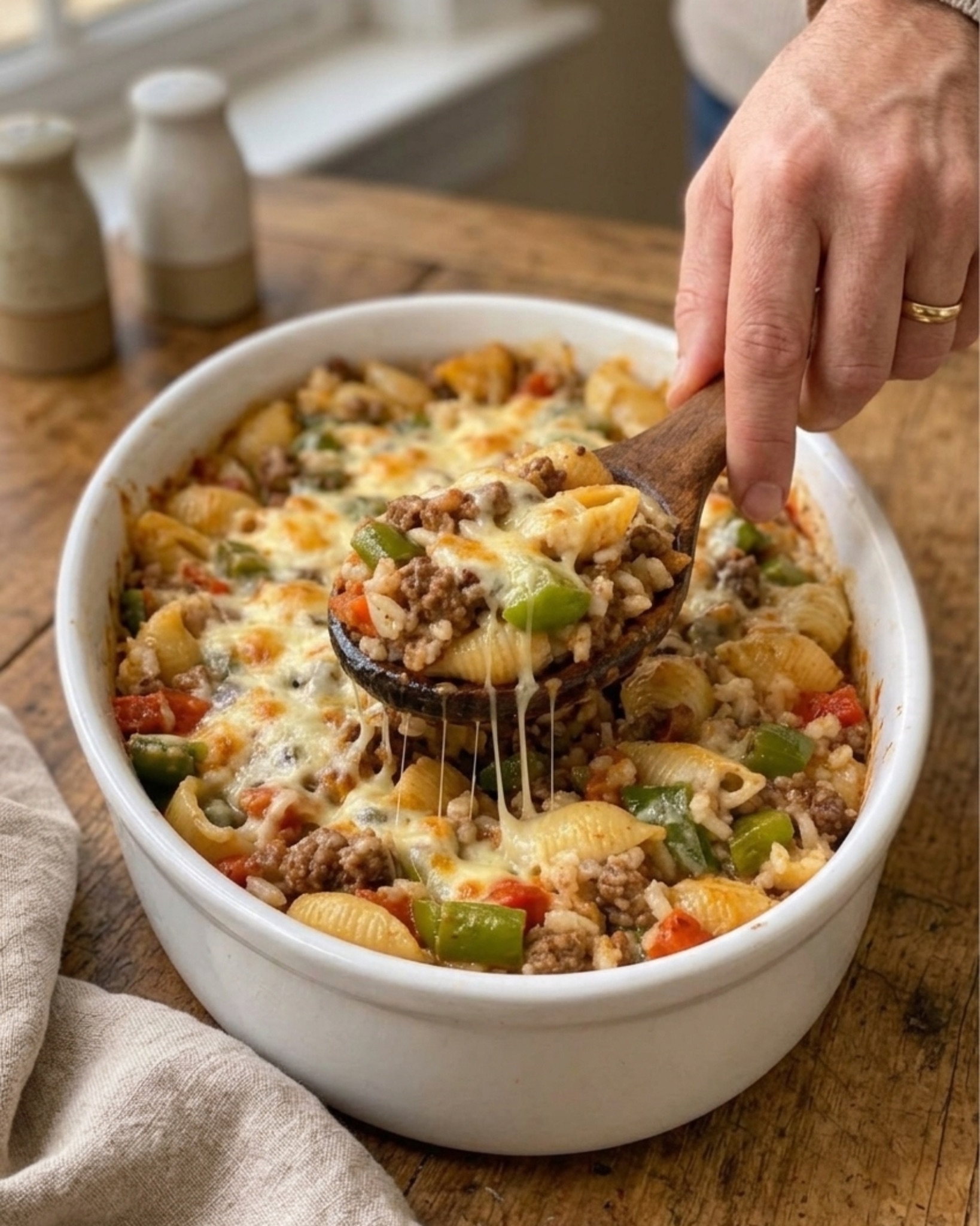 cheesy ground beef and rice pasta bake in white dish with wooden spoon lifting a portion