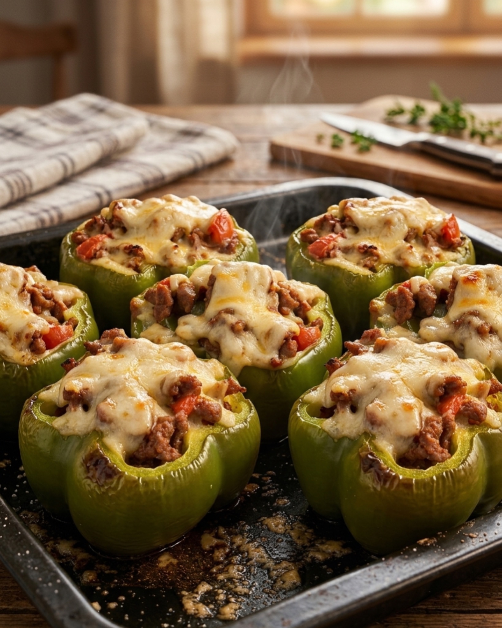 Cheesy stuffed green bell peppers filled with seasoned ground beef and melted cheese baked in a roasting pan.