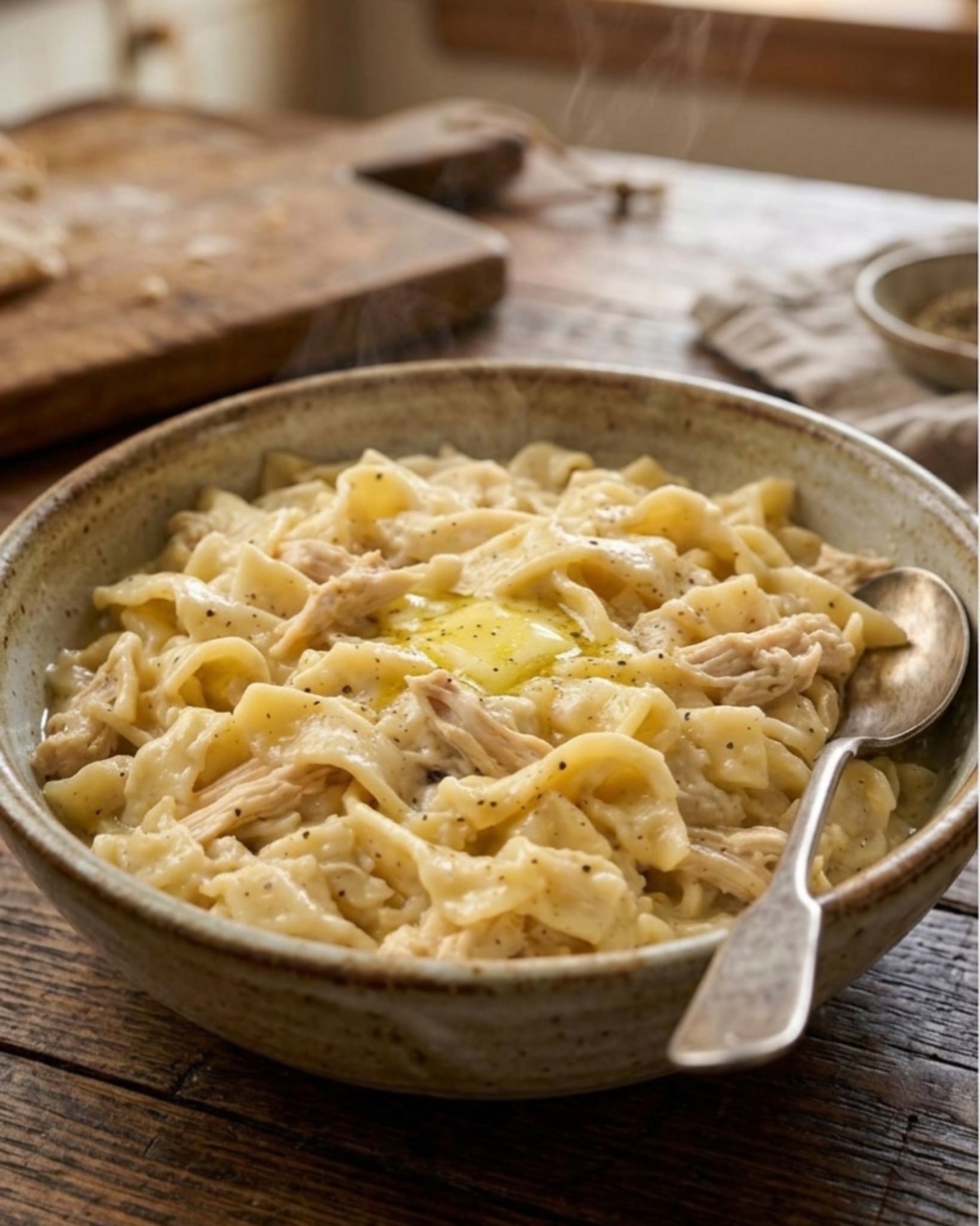 Creamy chicken and noodles with tender shredded chicken and buttery egg noodles in a rich creamy sauce.