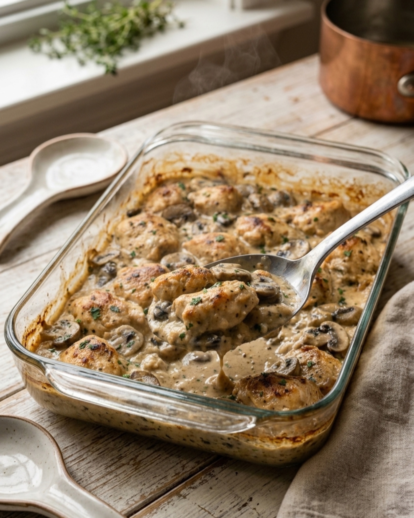 Creamy mushroom chicken bake with garlic parmesan sauce served in a rustic glass casserole dish