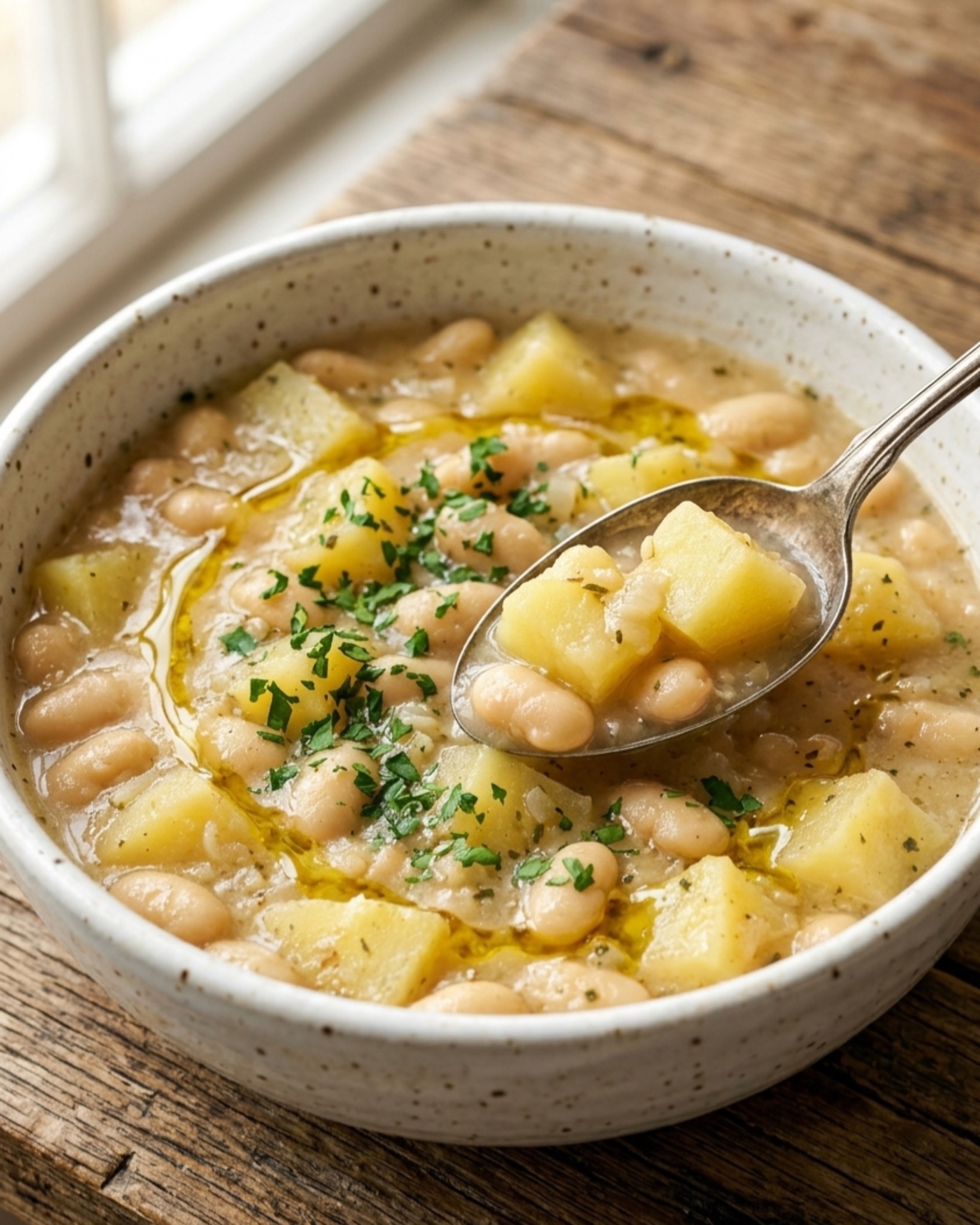 creamy white bean and potato stew with herbs and olive oil served in a rustic bowl with spoon