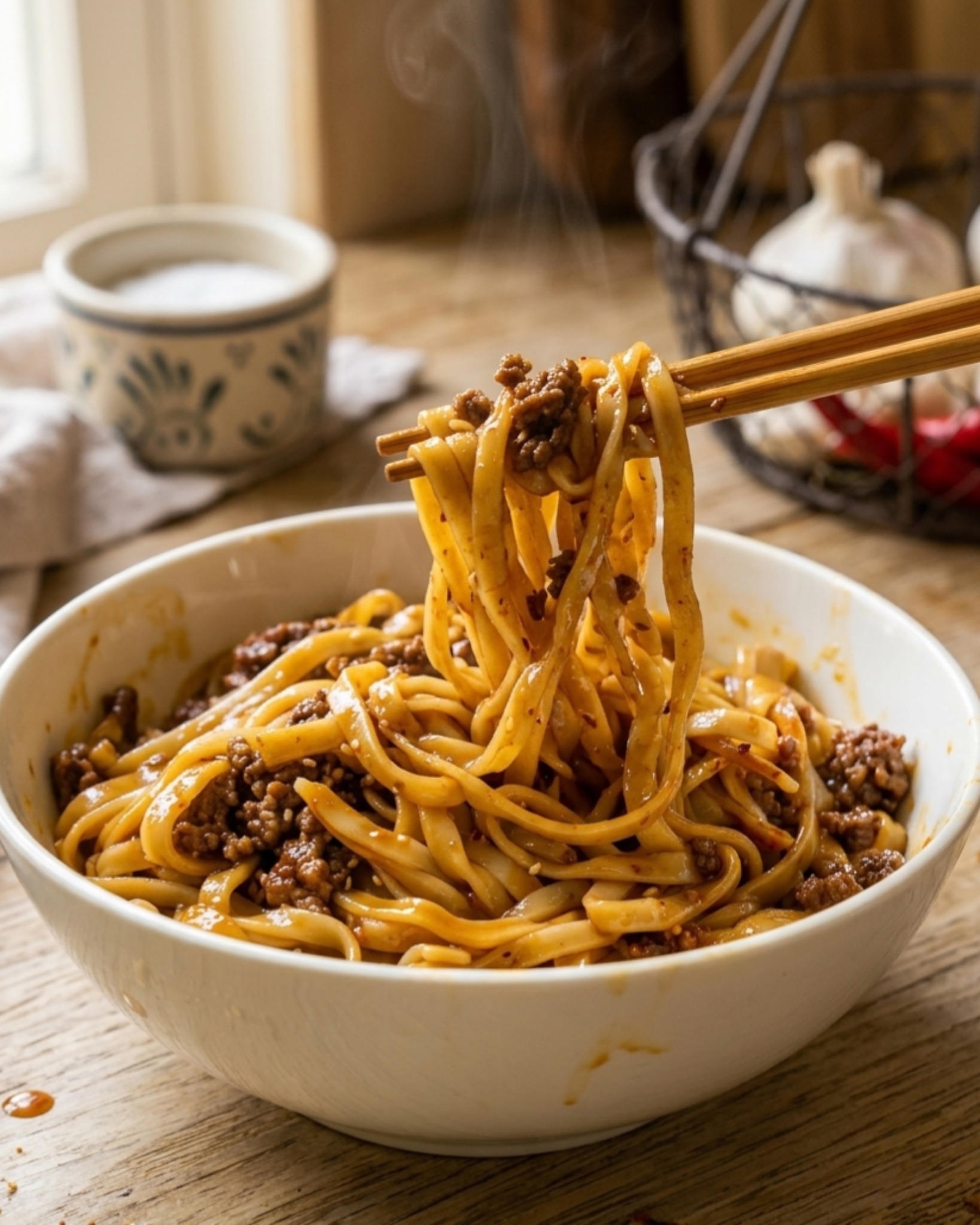 Spicy garlic beef noodles with savory ground beef and chili sauce served in a bowl with chopsticks.