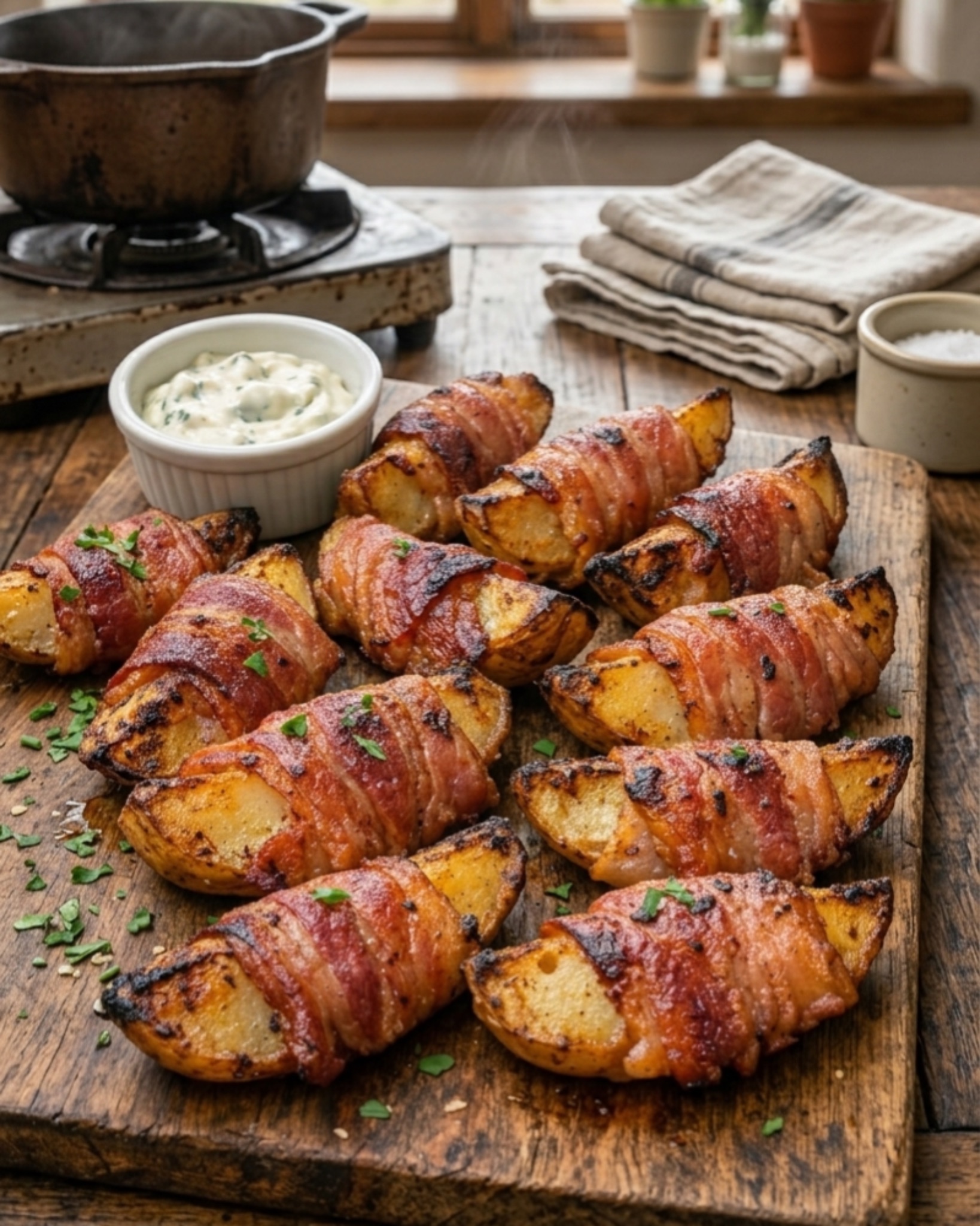 Crispy bacon wrapped potato wedges served on a wooden board with creamy garlic dipping sauce.