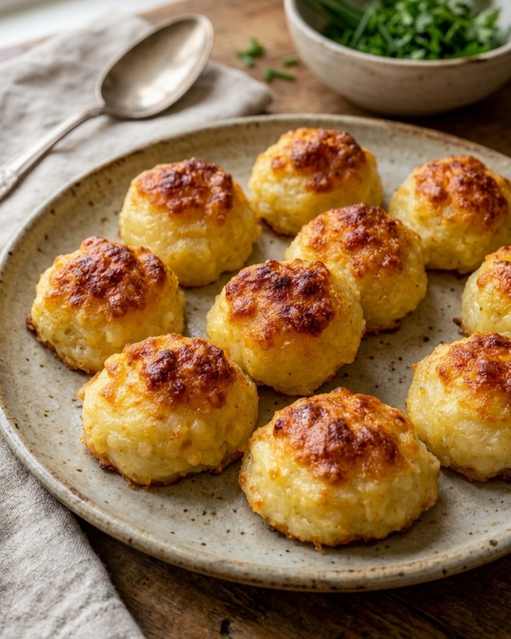 crispy cheesy potato balls baked until golden brown on rustic serving tray