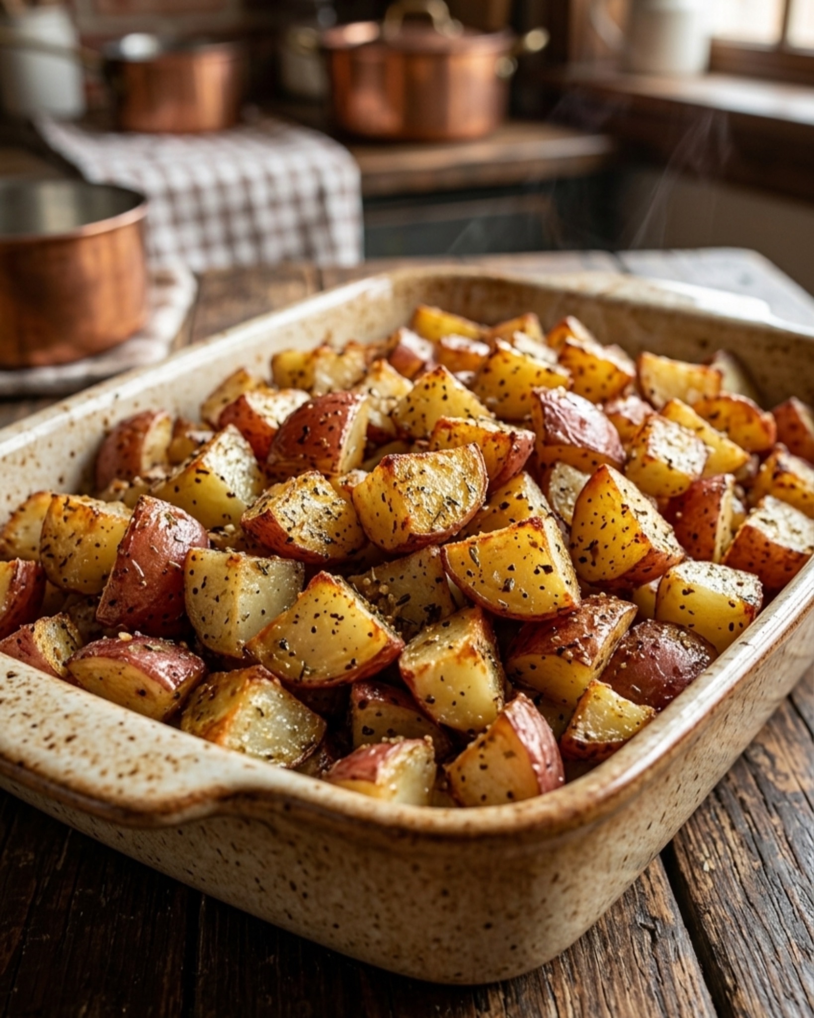 Crispy oven roasted red potatoes seasoned with herbs and black pepper in a rustic baking dish.