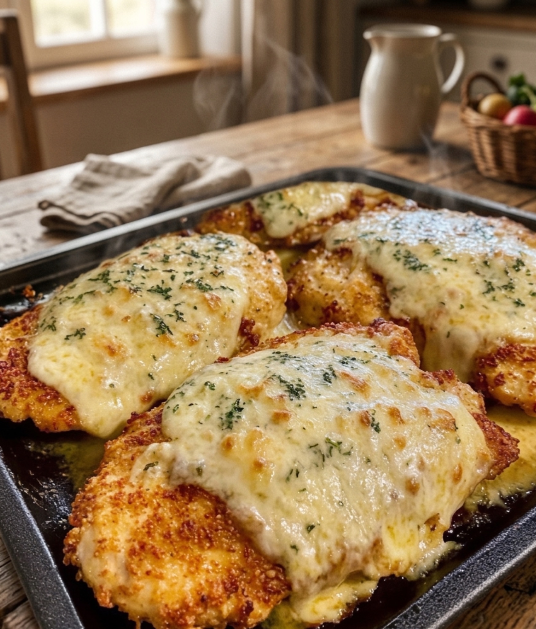 Crispy Parmesan crusted chicken breasts topped with melted mozzarella cheese baked until golden and juicy.