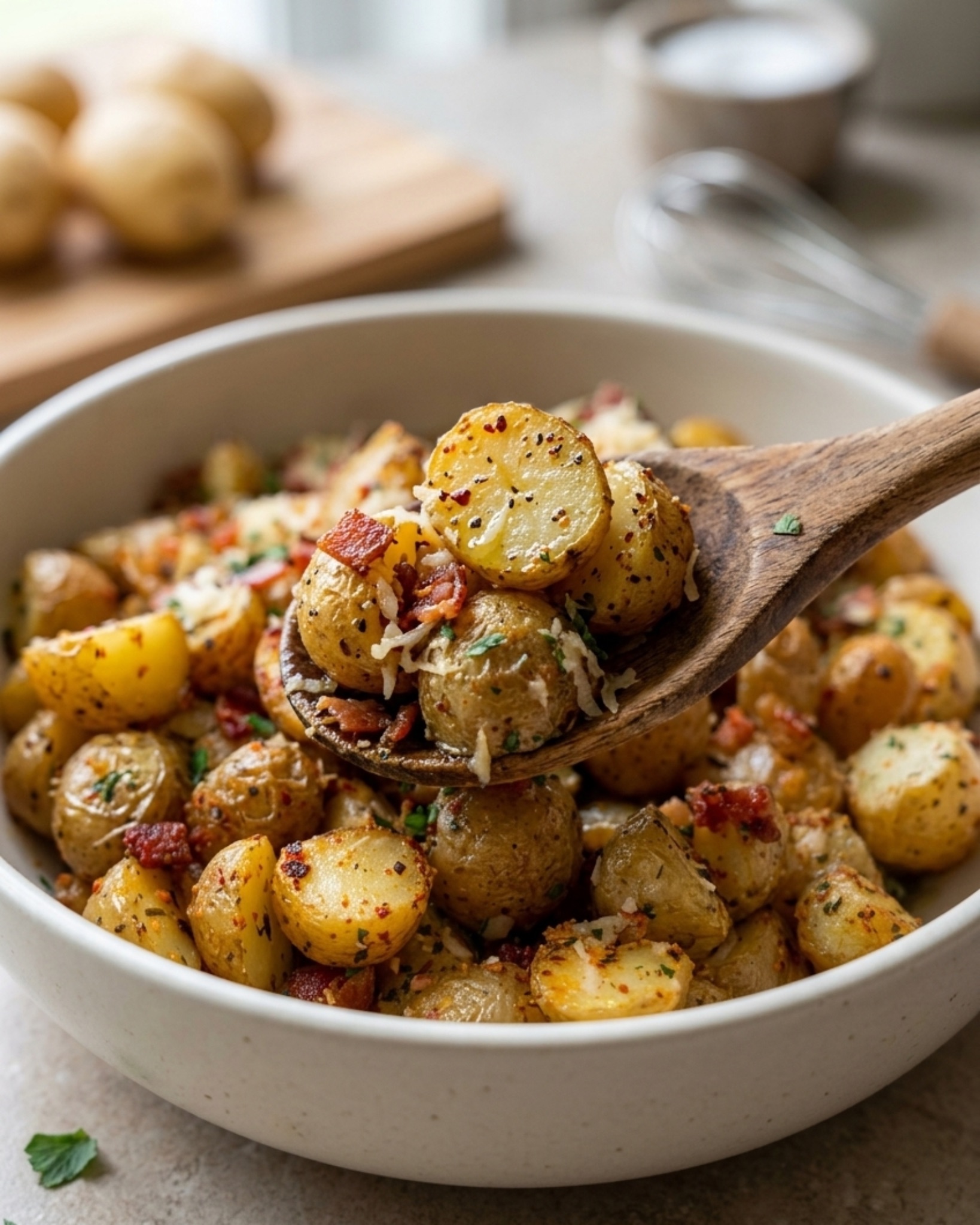 Close-up of roasted baby potatoes with bacon and parmesan being scooped with a wooden spoon from a white bowl