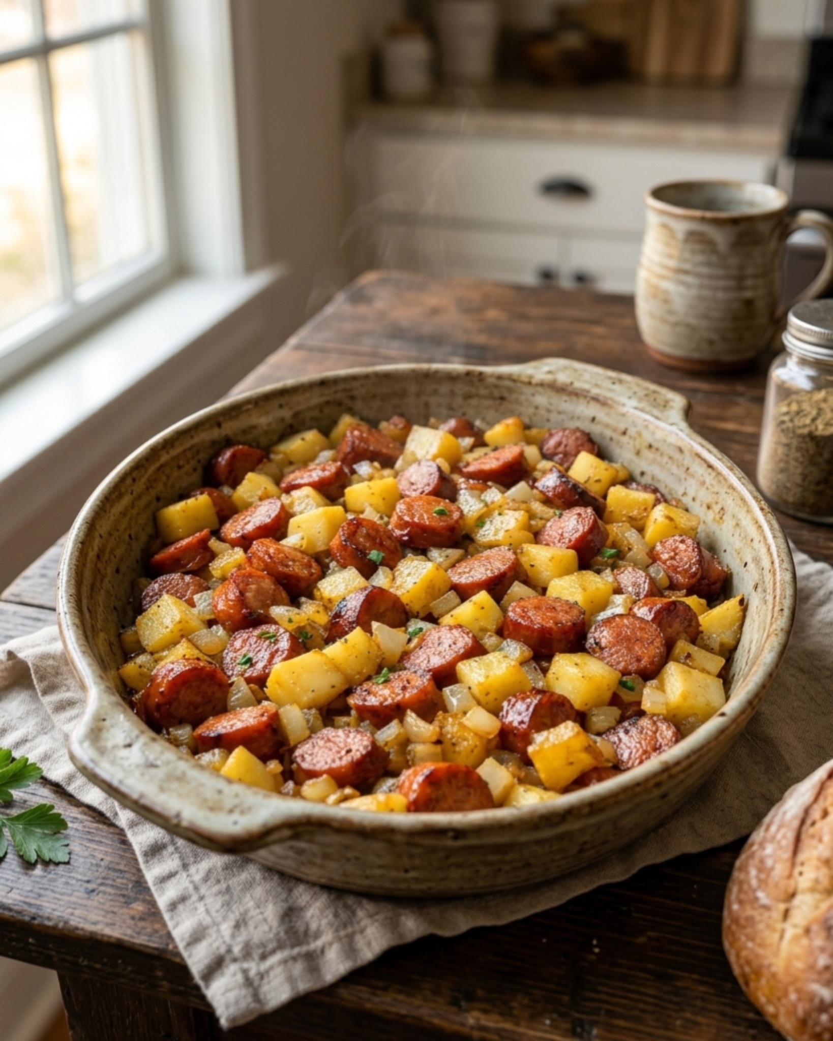 Crockpot smoked sausage and potatoes with onions cooked until golden and tender in a rustic casserole dish.