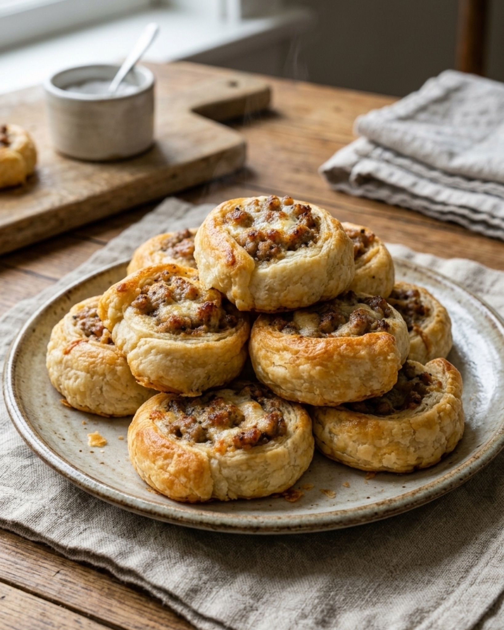 golden sausage puff pastry bites on plate in home kitchen