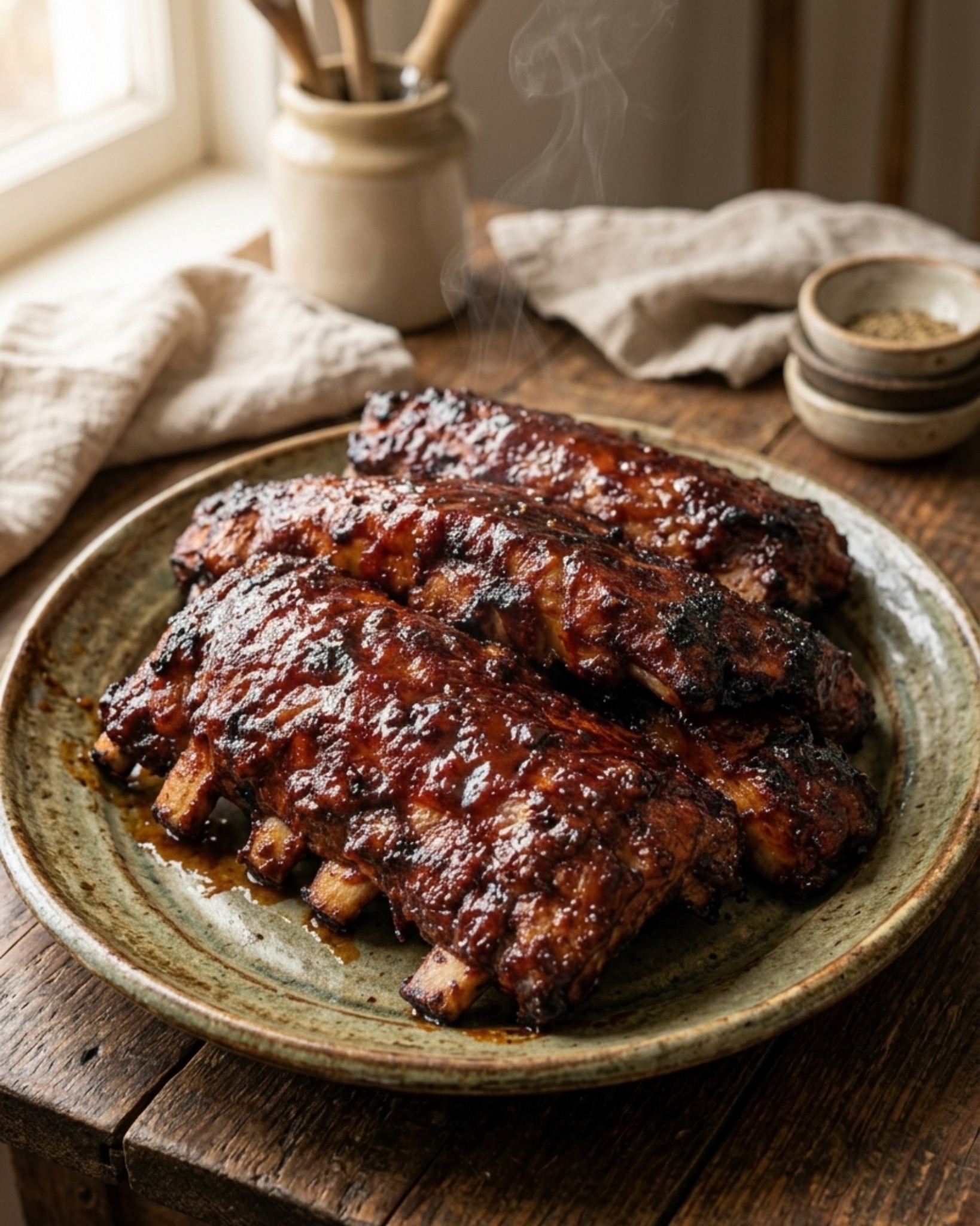 Tender fall-off-the-bone BBQ baby back ribs coated in smoky barbecue sauce on a rustic plate.