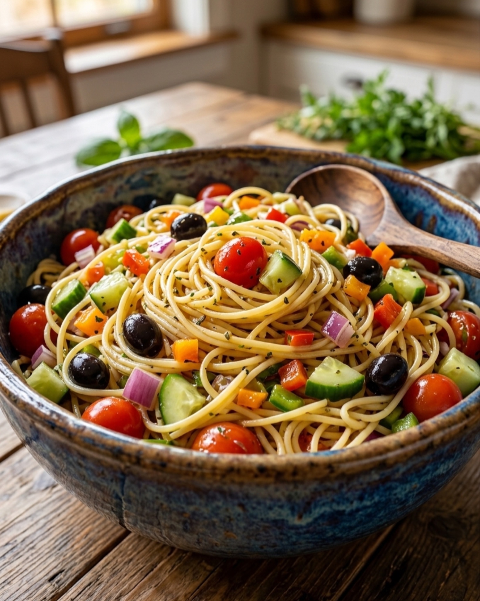 Fresh Italian pasta salad with spaghetti, cherry tomatoes, cucumbers, olives, bell peppers, and red onions in a rustic serving bowl.