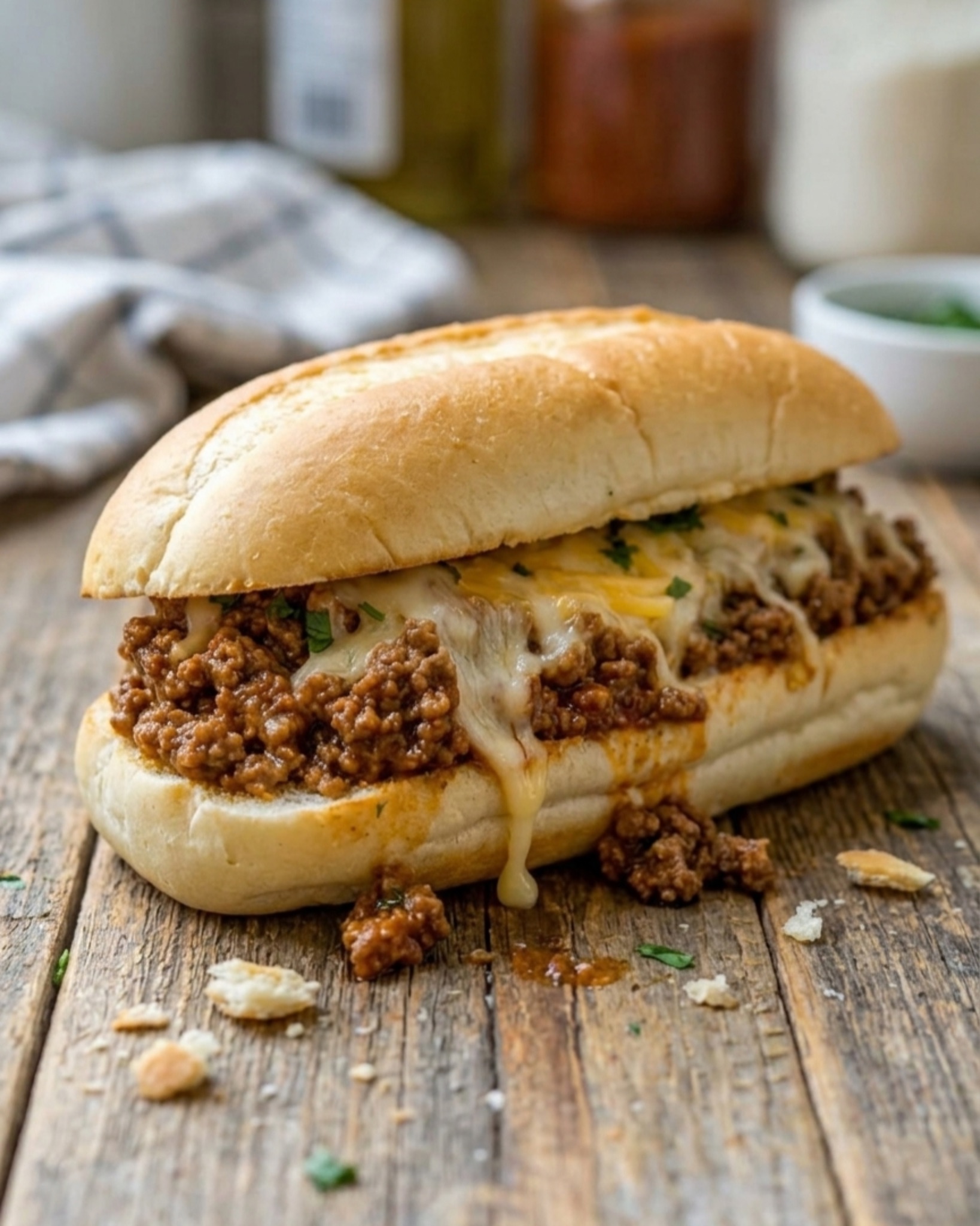 Close-up of a homemade sloppy joe sandwich with melted cheese dripping over juicy ground beef filling on a rustic wooden table