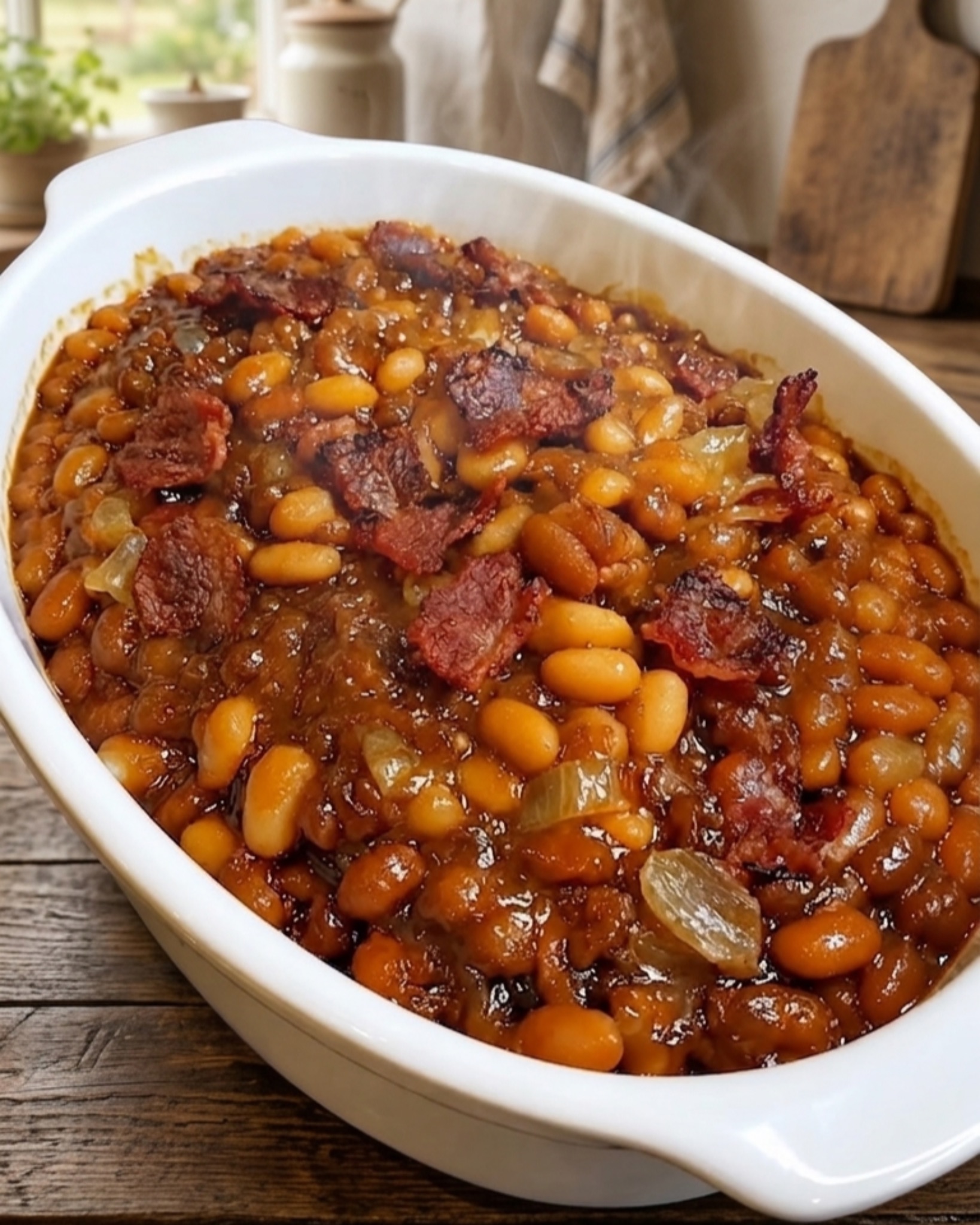 Homestyle Southern baked beans with crispy bacon in a rich sweet and smoky sauce baked in a casserole dish.