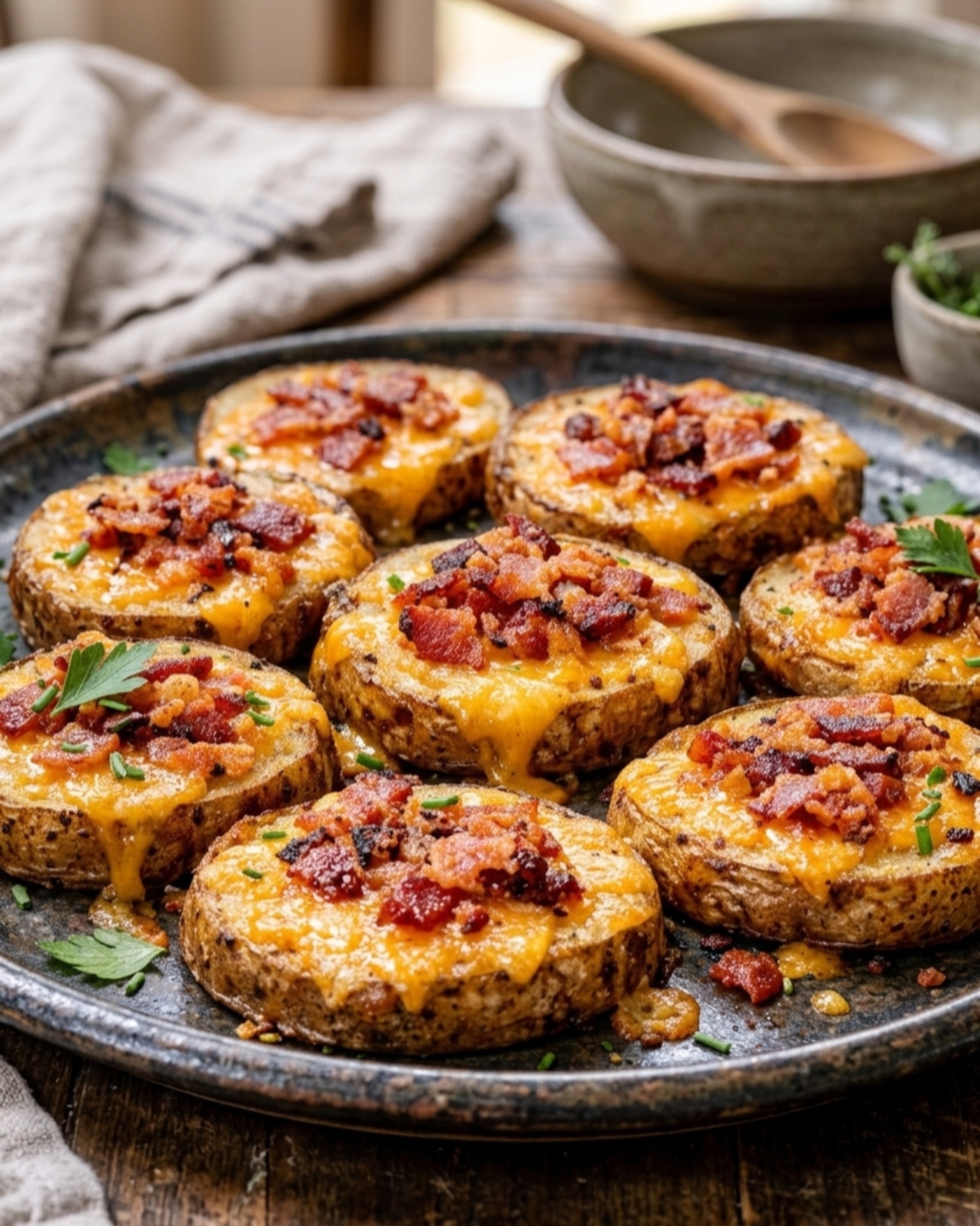 Loaded baked potato bites topped with melted cheddar cheese and crispy bacon on a serving platter.