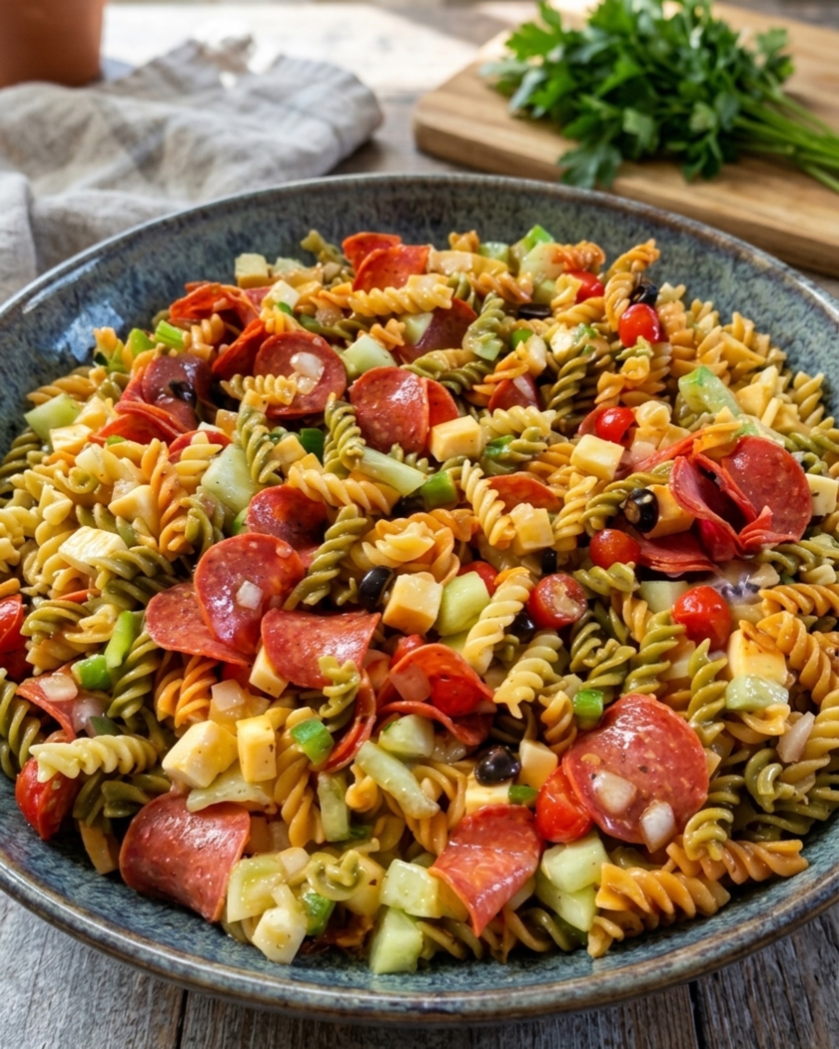 Loaded Italian pasta salad with pepperoni, cheese cubes, rotini pasta, cucumbers, tomatoes, olives, and Italian dressing in a rustic serving bowl.