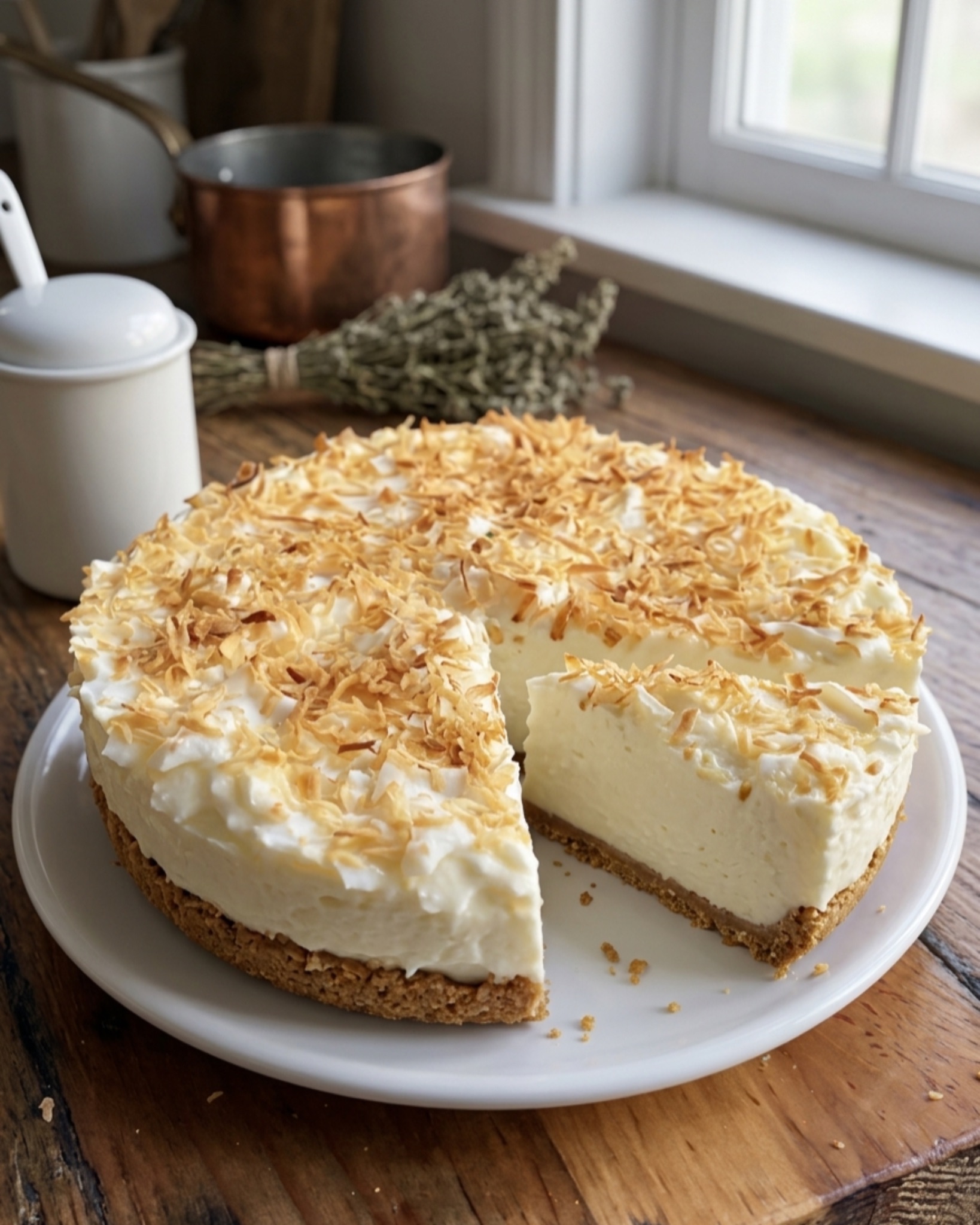 Creamy old-fashioned coconut cream pie topped with toasted coconut flakes and whipped cream on a buttery graham cracker crust.