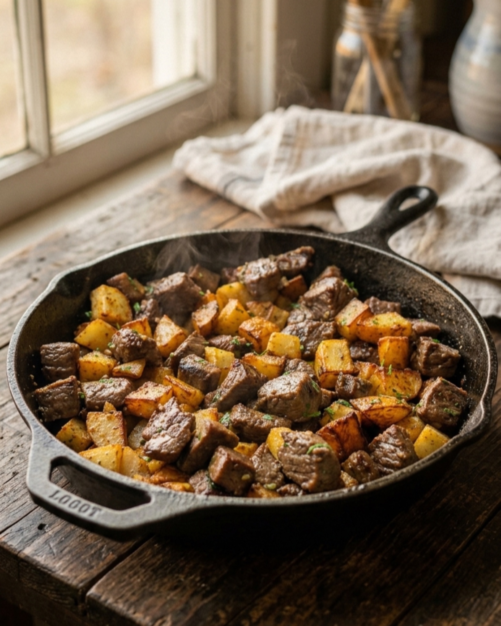 Rustic garlic butter steak bites with crispy golden potatoes cooked in a cast iron skillet.