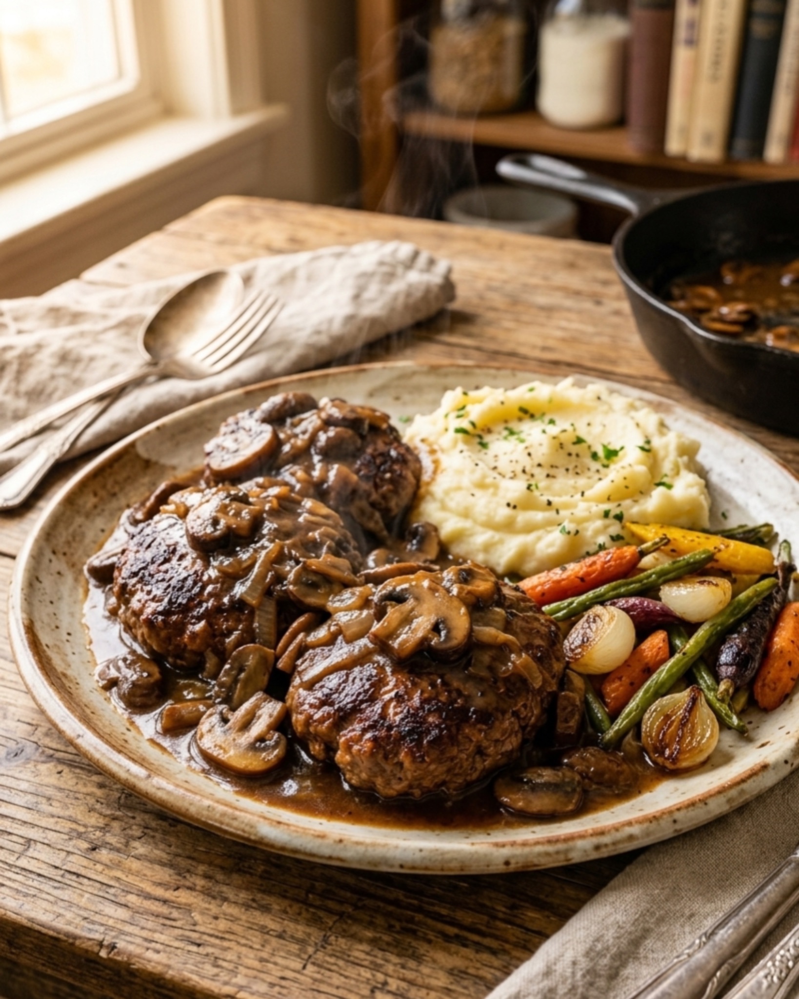 Juicy Salisbury steak patties covered in rich mushroom gravy served with mashed potatoes and roasted vegetables.