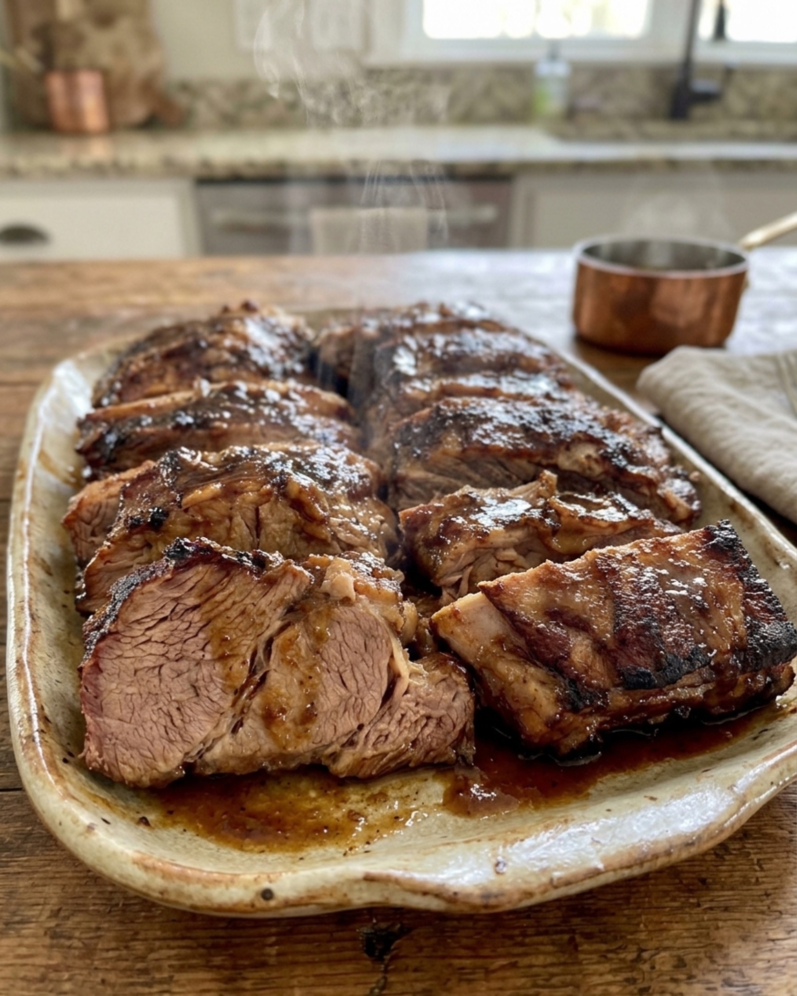 Tender slow cooker BBQ pork ribs coated in smoky barbecue sauce served on a rustic platter.