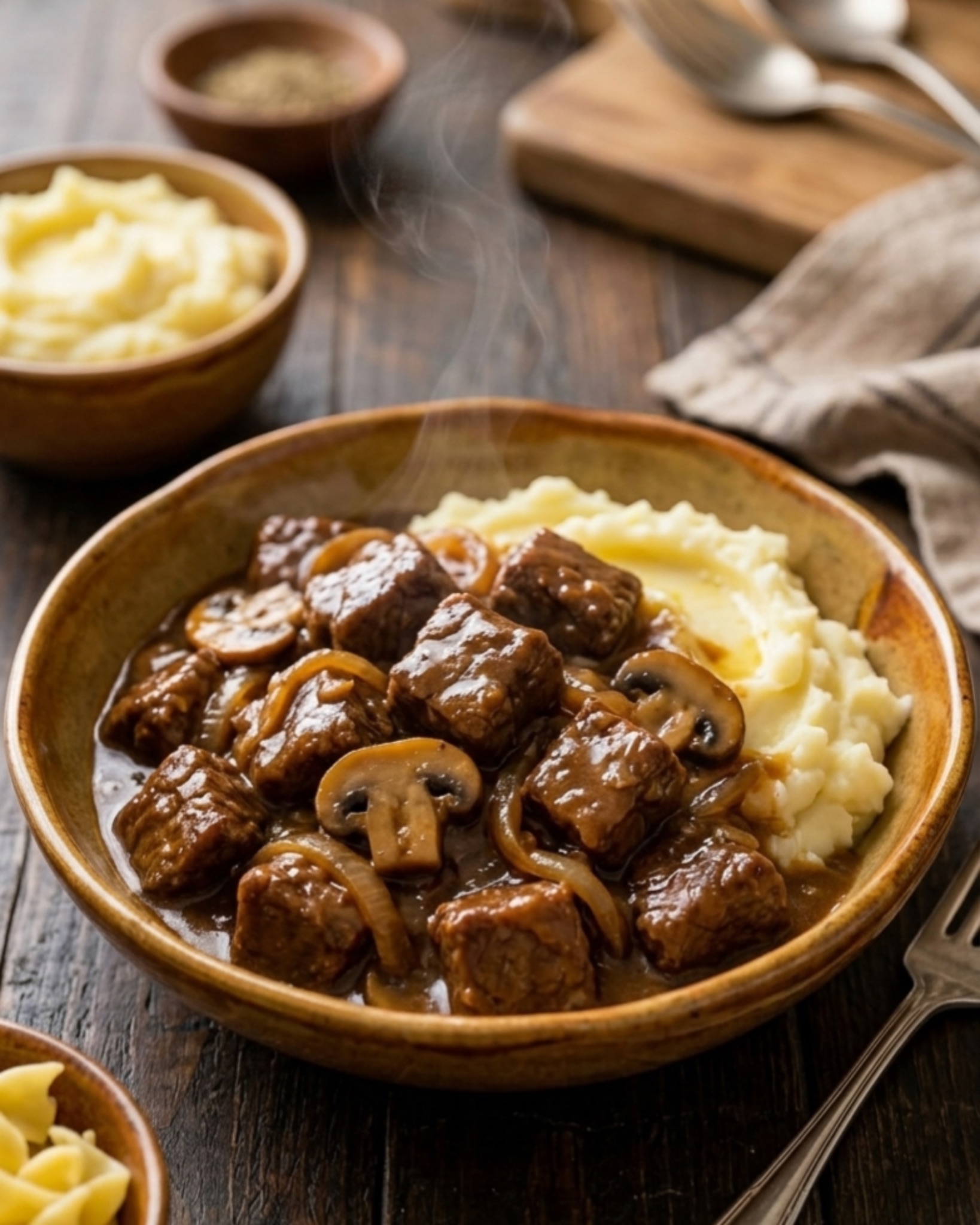 Tender slow cooker beef tips with mushroom onion gravy served over creamy mashed potatoes.