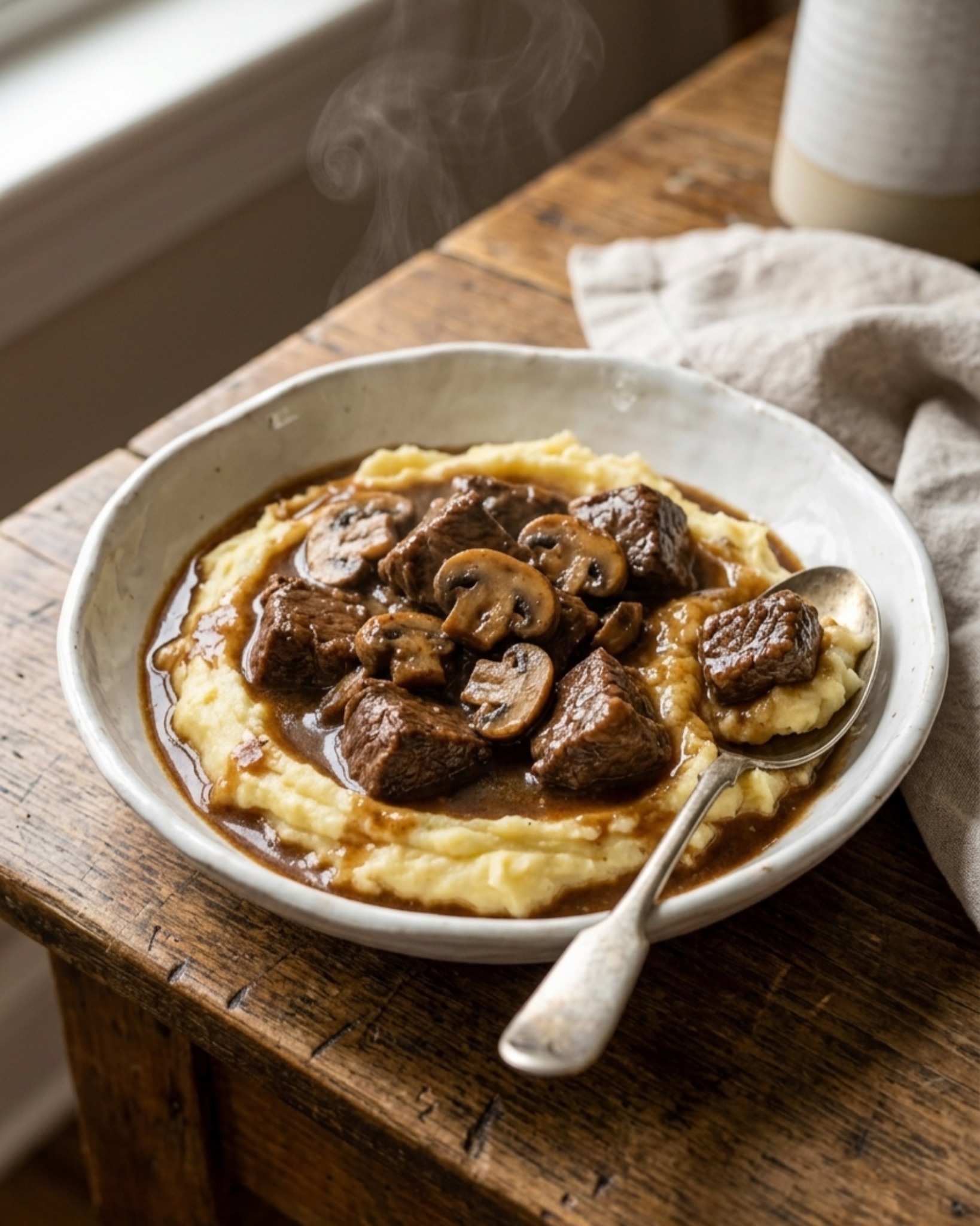 slow cooker beef tips and gravy with mushrooms in rich brown sauce