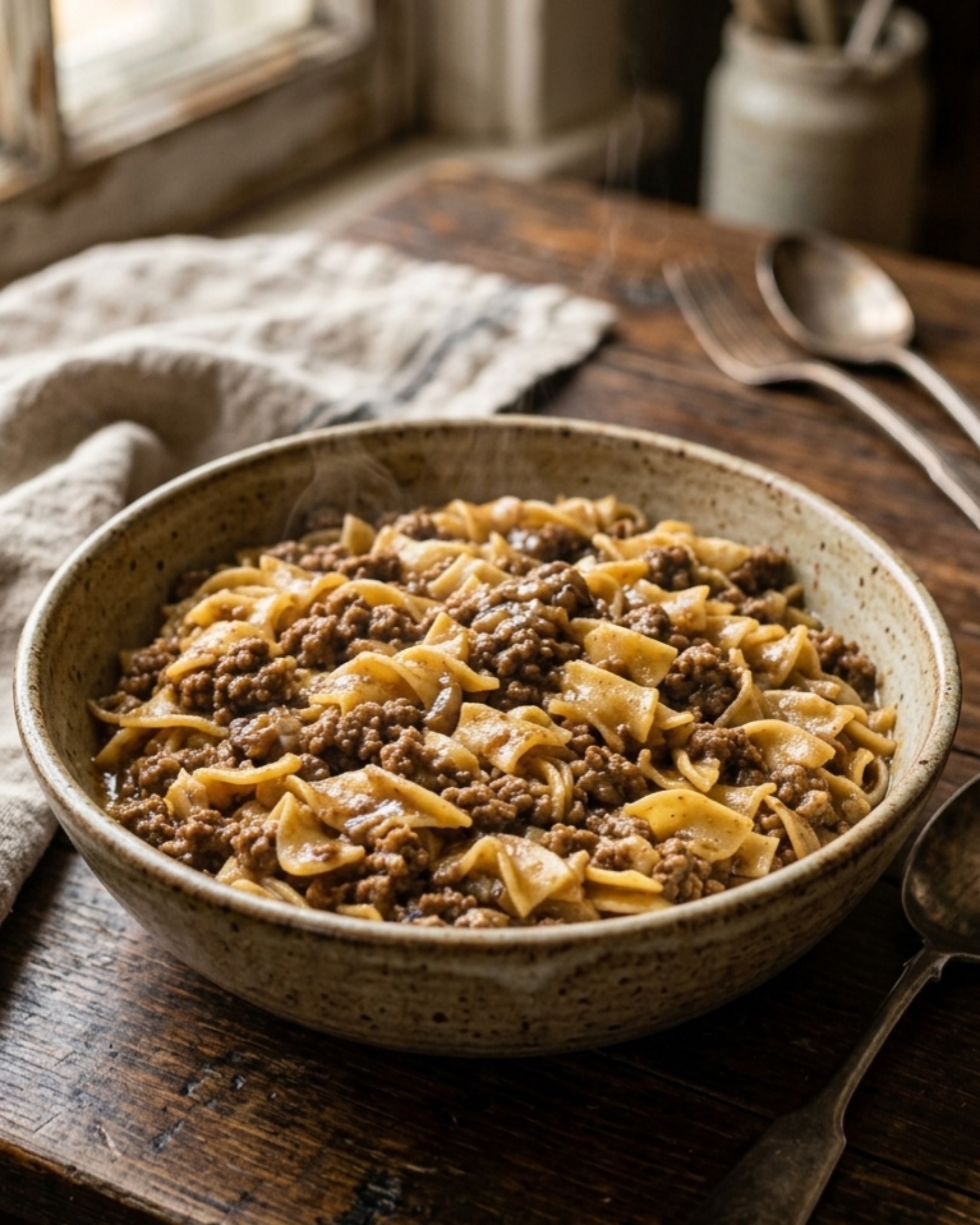 Slow cooker beef and noodles with tender ground beef and egg noodles in rich savory gravy served in a rustic bowl.