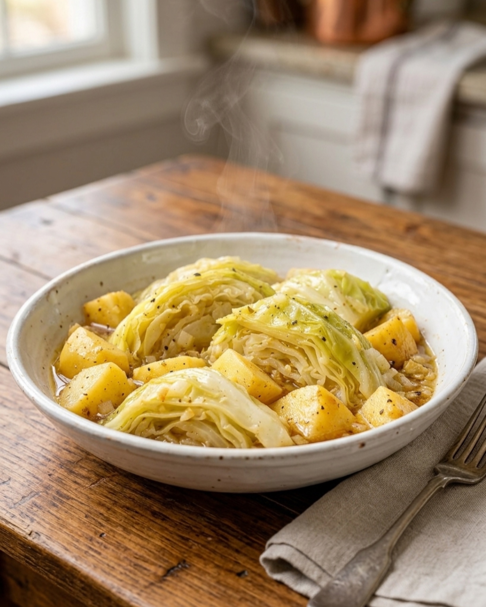 Tender slow cooker cabbage wedges and potatoes in buttery seasoned broth served in a rustic bowl.