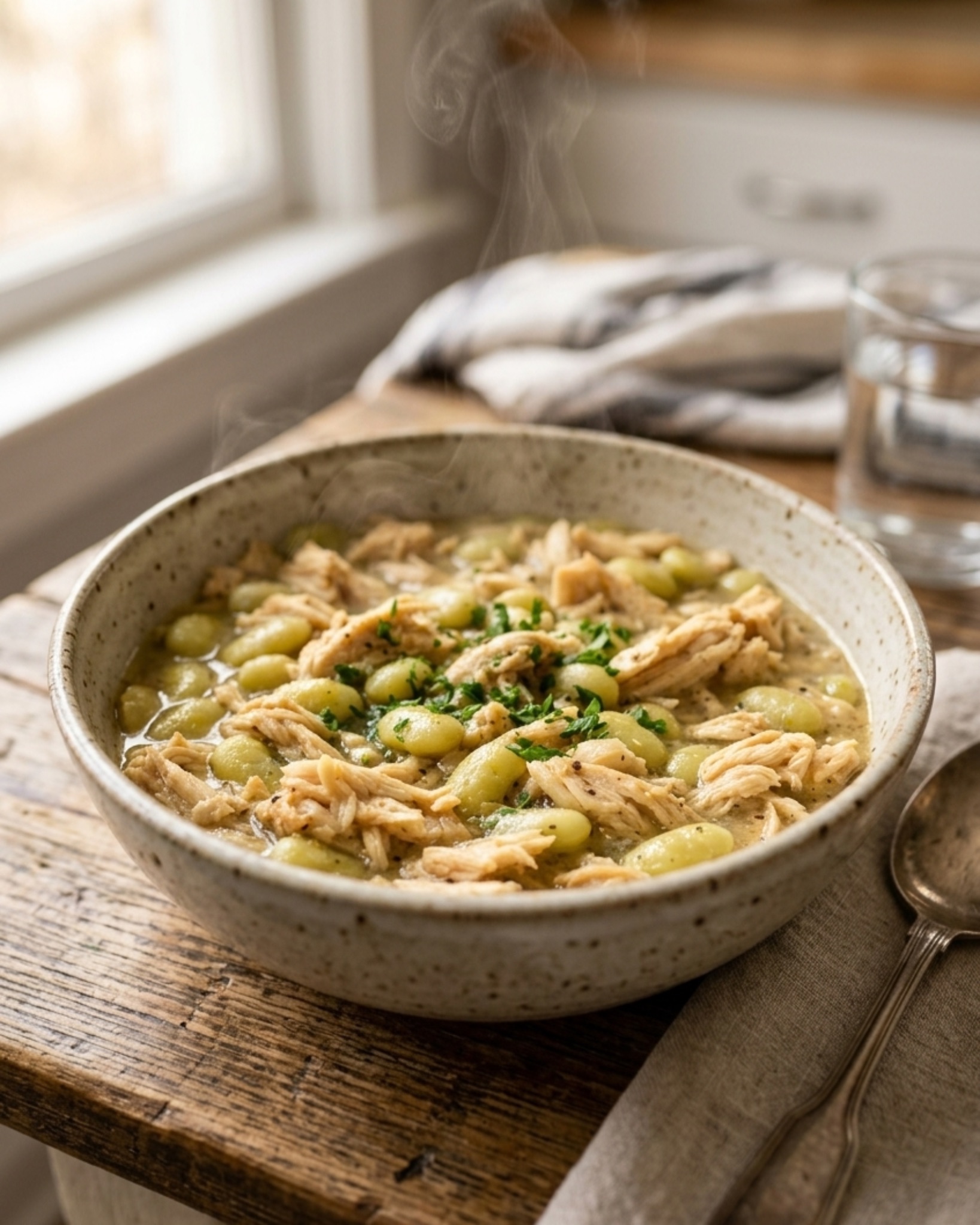 Slow cooker chicken and butter beans in a rustic bowl with shredded chicken and creamy savory broth