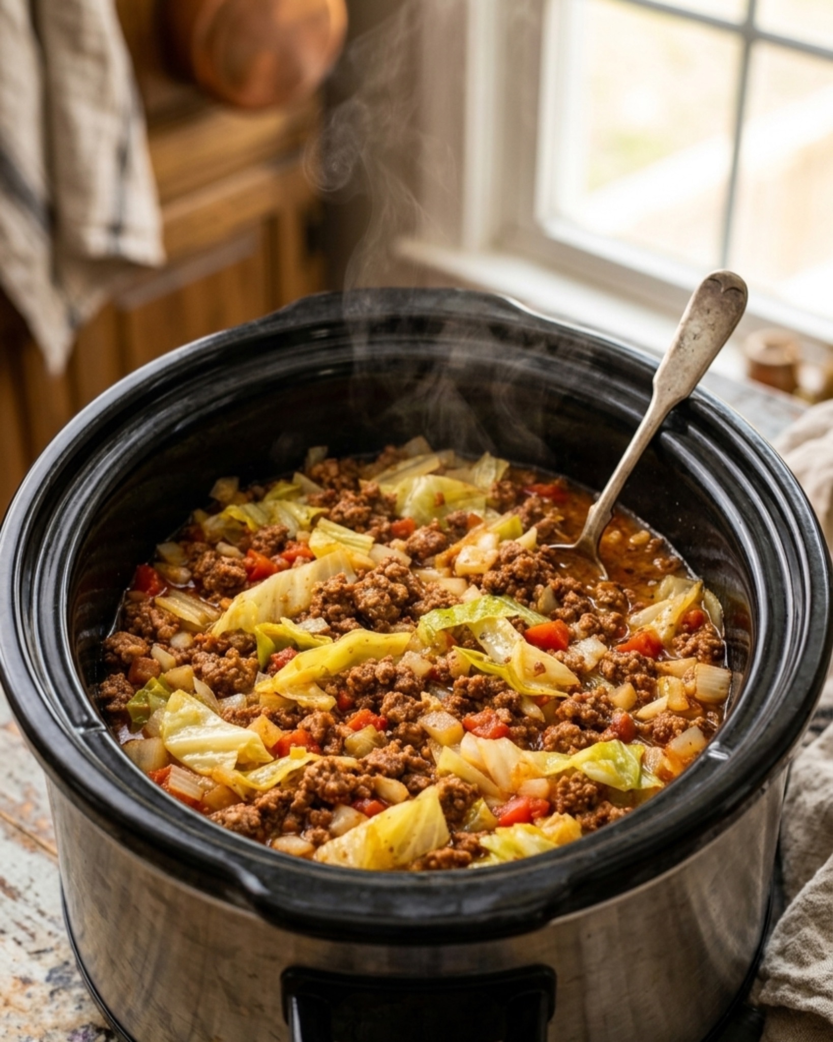 Slow cooker ground beef and cabbage soup with vegetables simmering in a crockpot.