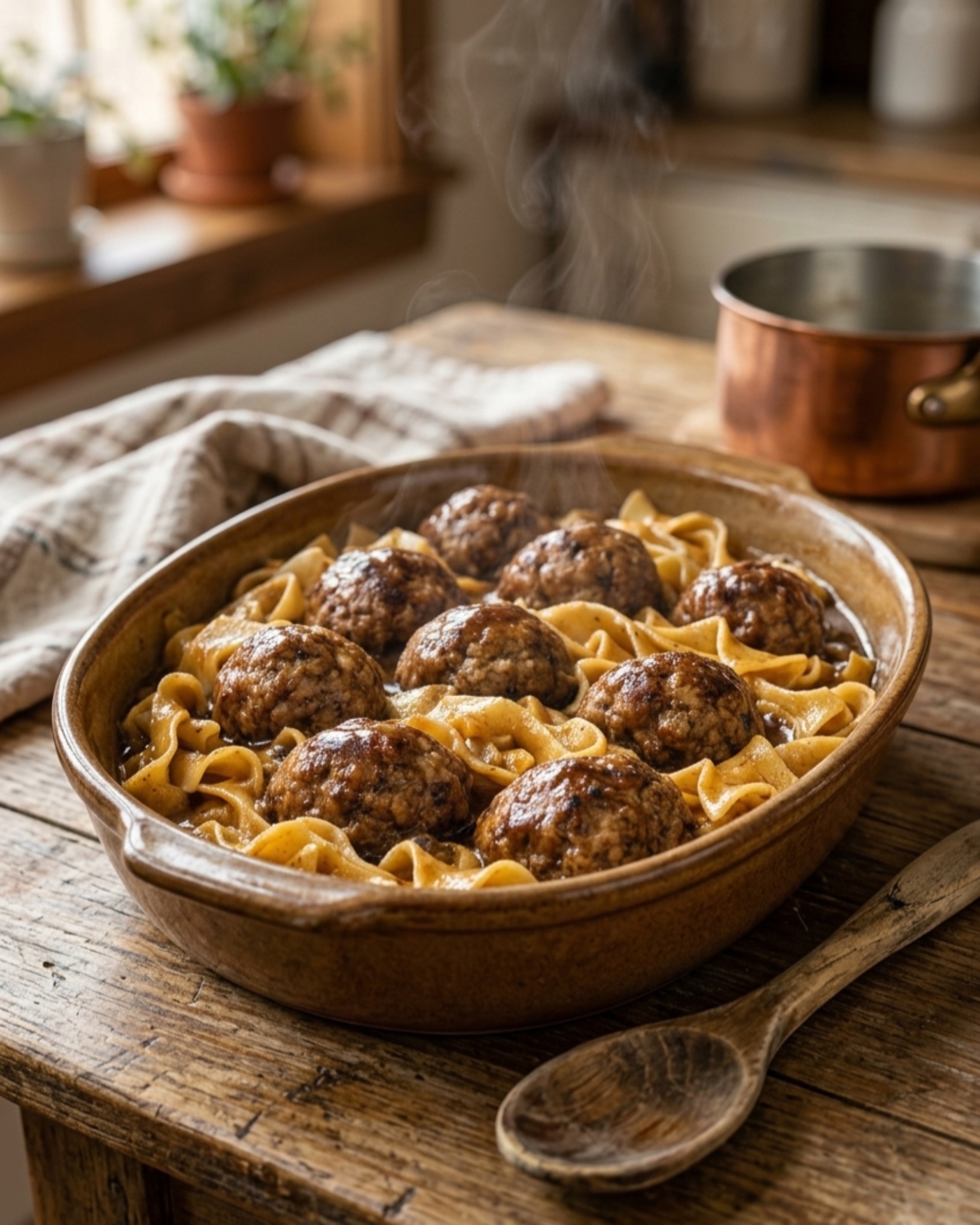 Slow cooker meatballs served over egg noodles in rich brown gravy in a rustic casserole dish.