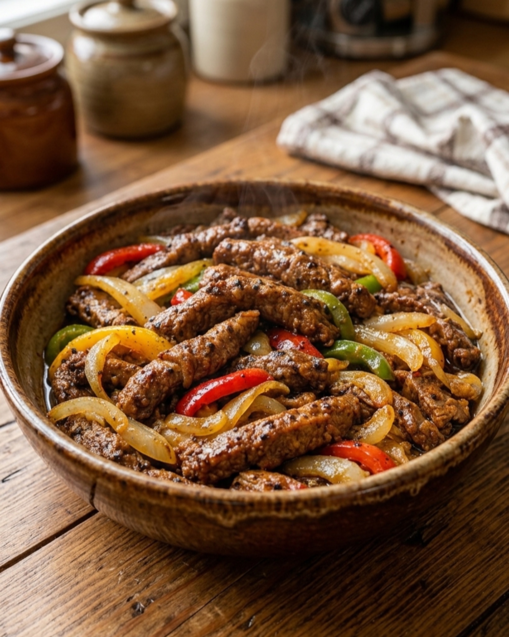 Tender slow cooker pepper steak with onions and colorful bell peppers served in a rustic bowl.