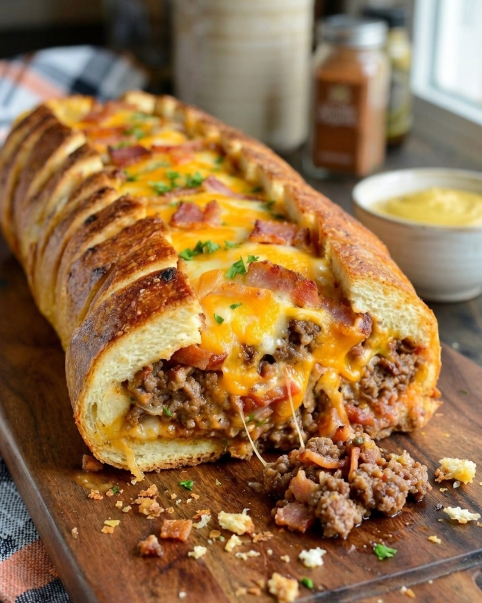 Homemade cheesy stuffed bread slice filled with ground beef and melted cheese on a wooden board
