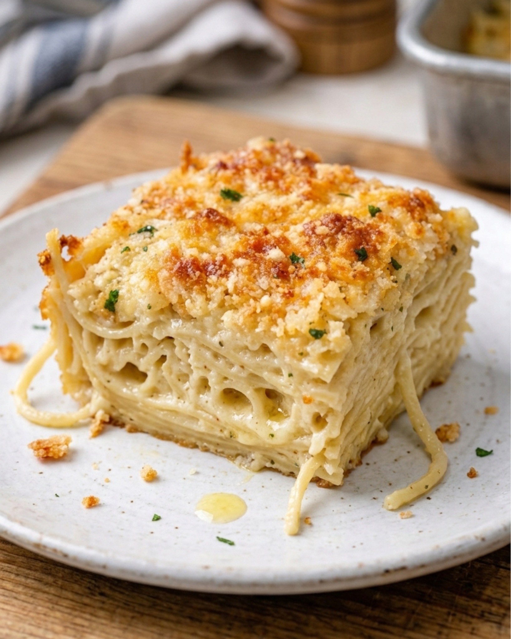 creamy baked spaghetti casserole slice with crispy golden cheese topping on white plate