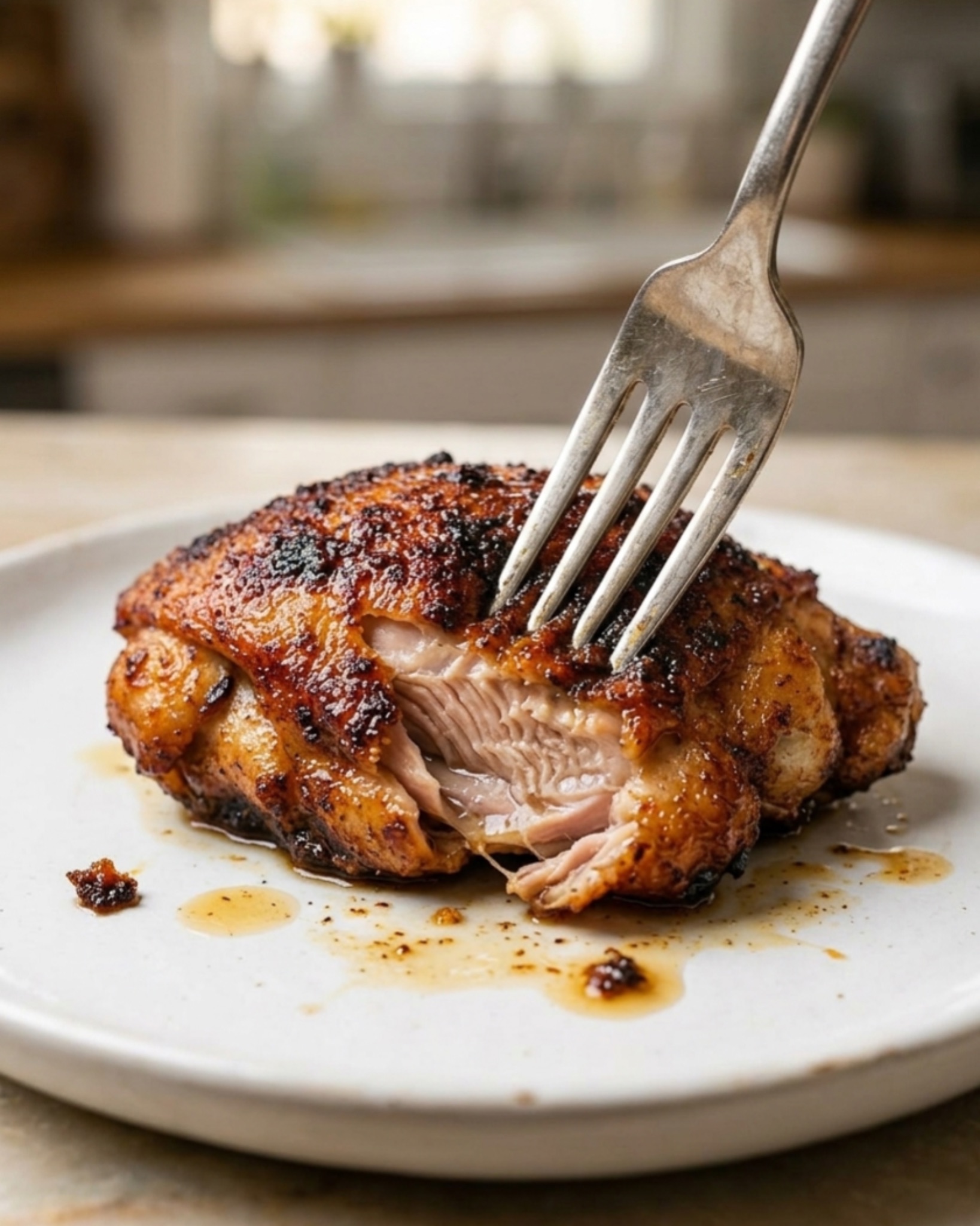 Juicy roasted chicken thigh pulled apart with a fork showing tender meat and natural juices on a white plate
