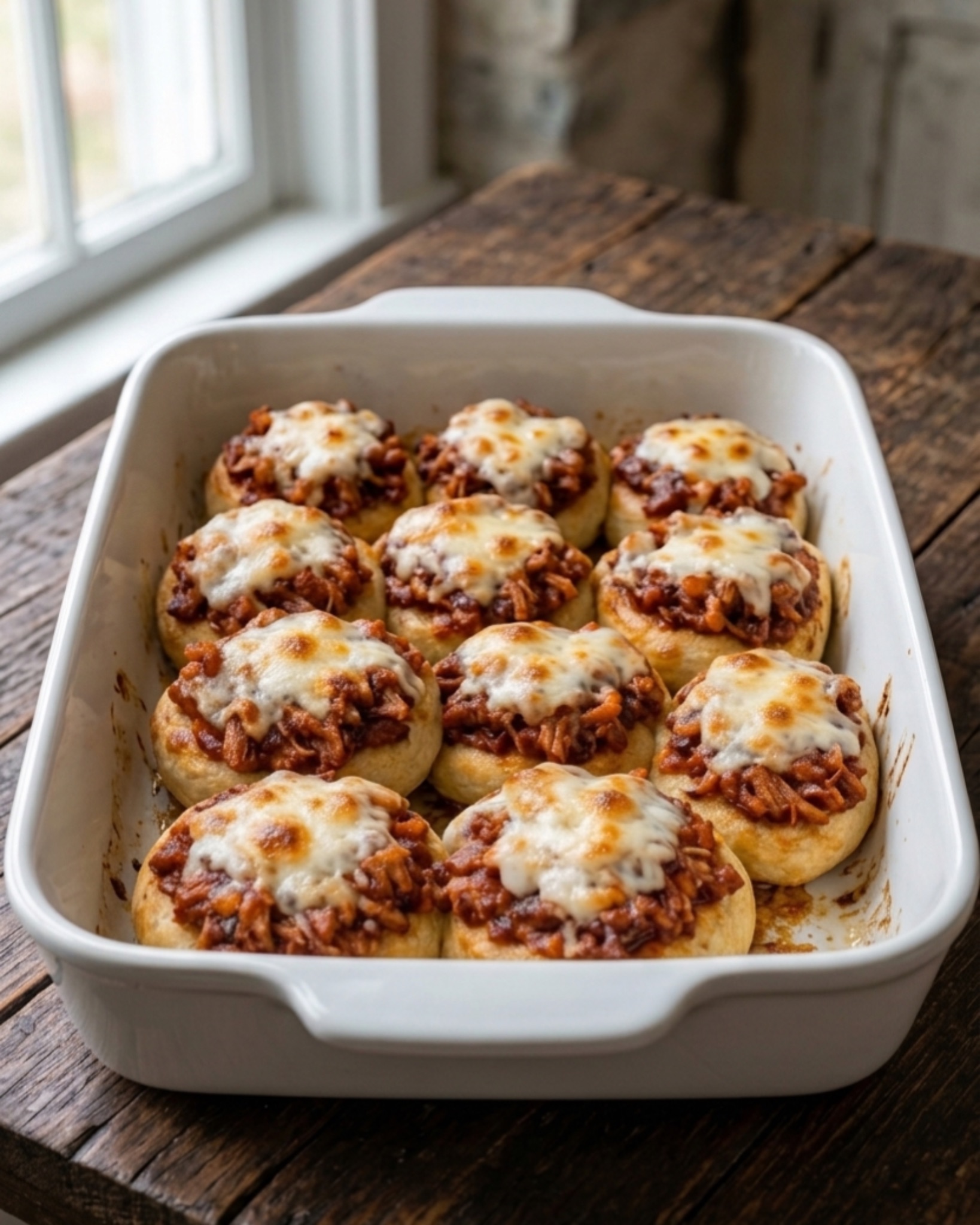 Homemade BBQ chicken biscuit cups topped with melted mozzarella cheese baked until golden in a rustic baking dish.
