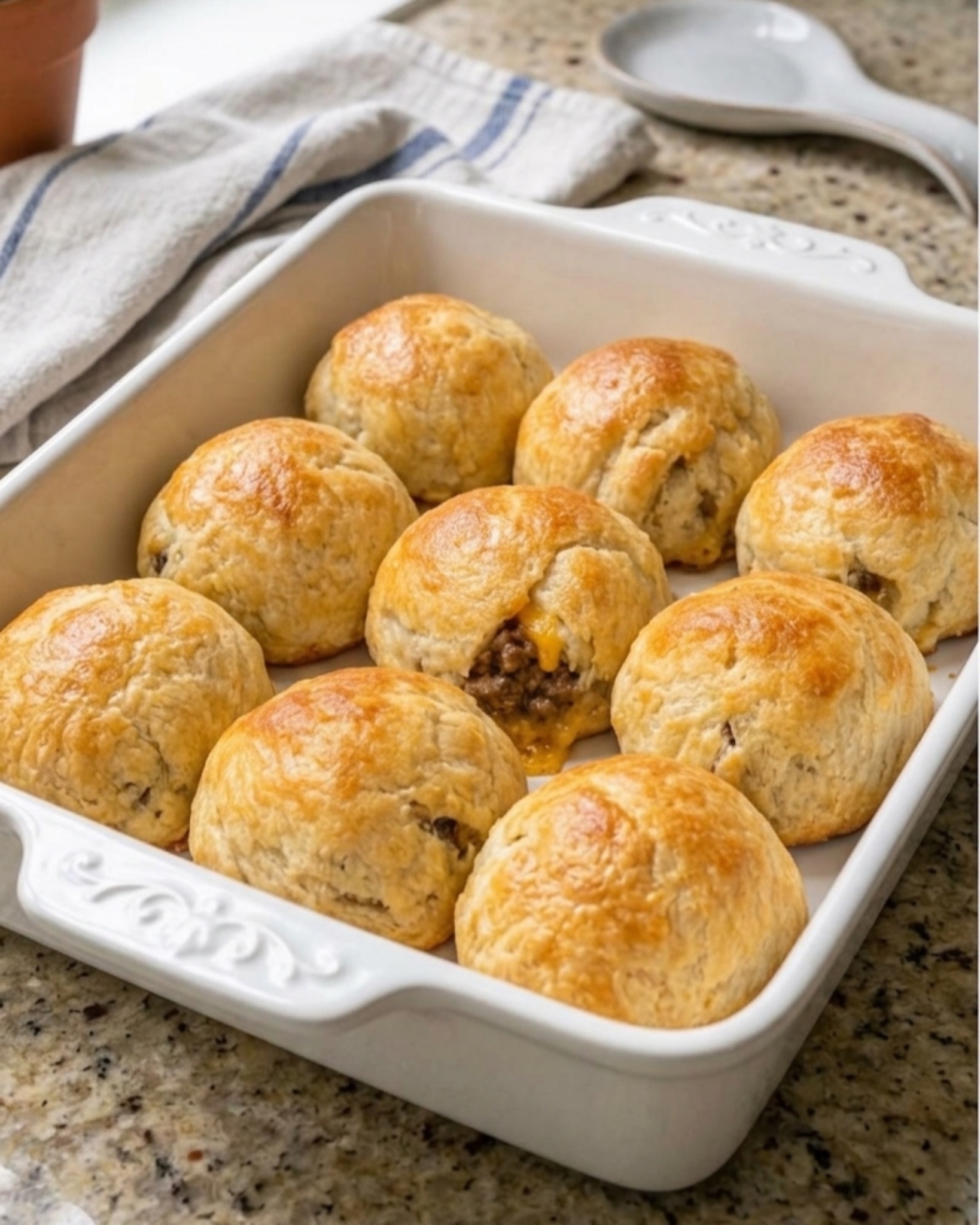 Golden baked biscuit bombs stuffed with seasoned ground beef and melted cheddar cheese in a rustic ceramic baking dish.