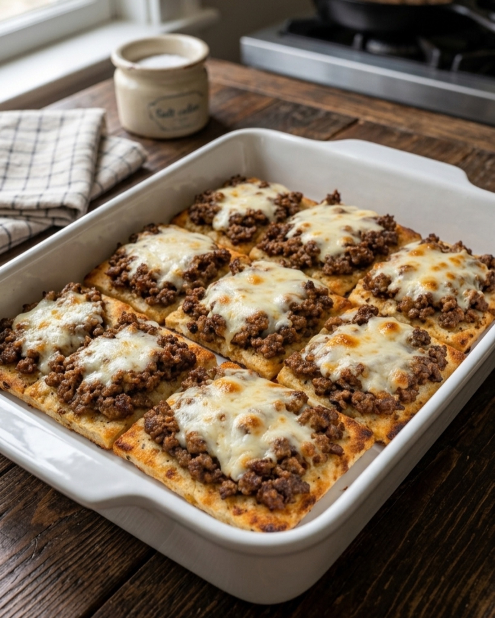 Crispy flatbread topped with seasoned ground beef and melted mozzarella cheese baked until golden and bubbly.