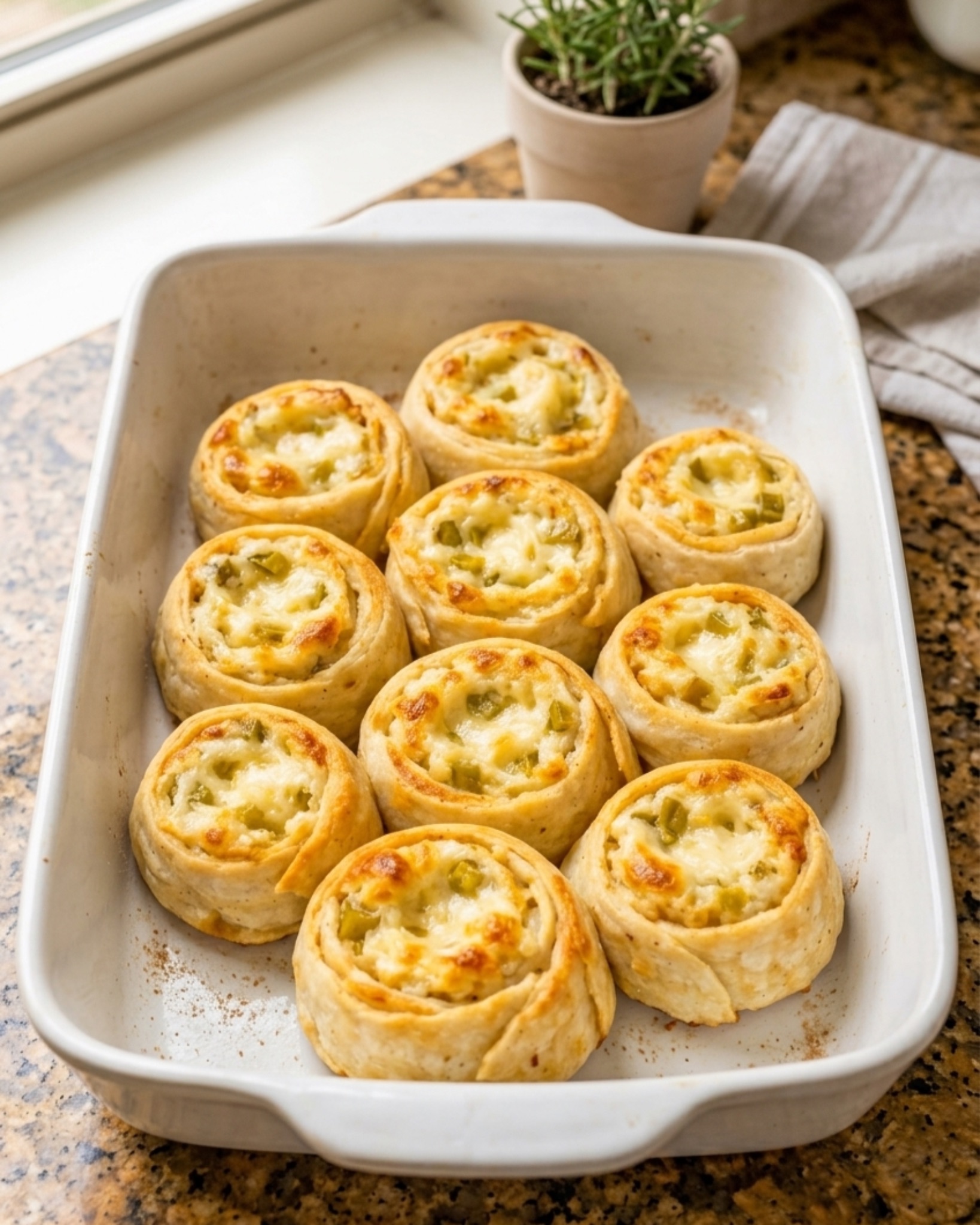 Golden baked cheesy jalapeño pinwheels with a creamy cheese filling arranged in a rustic ceramic baking dish.