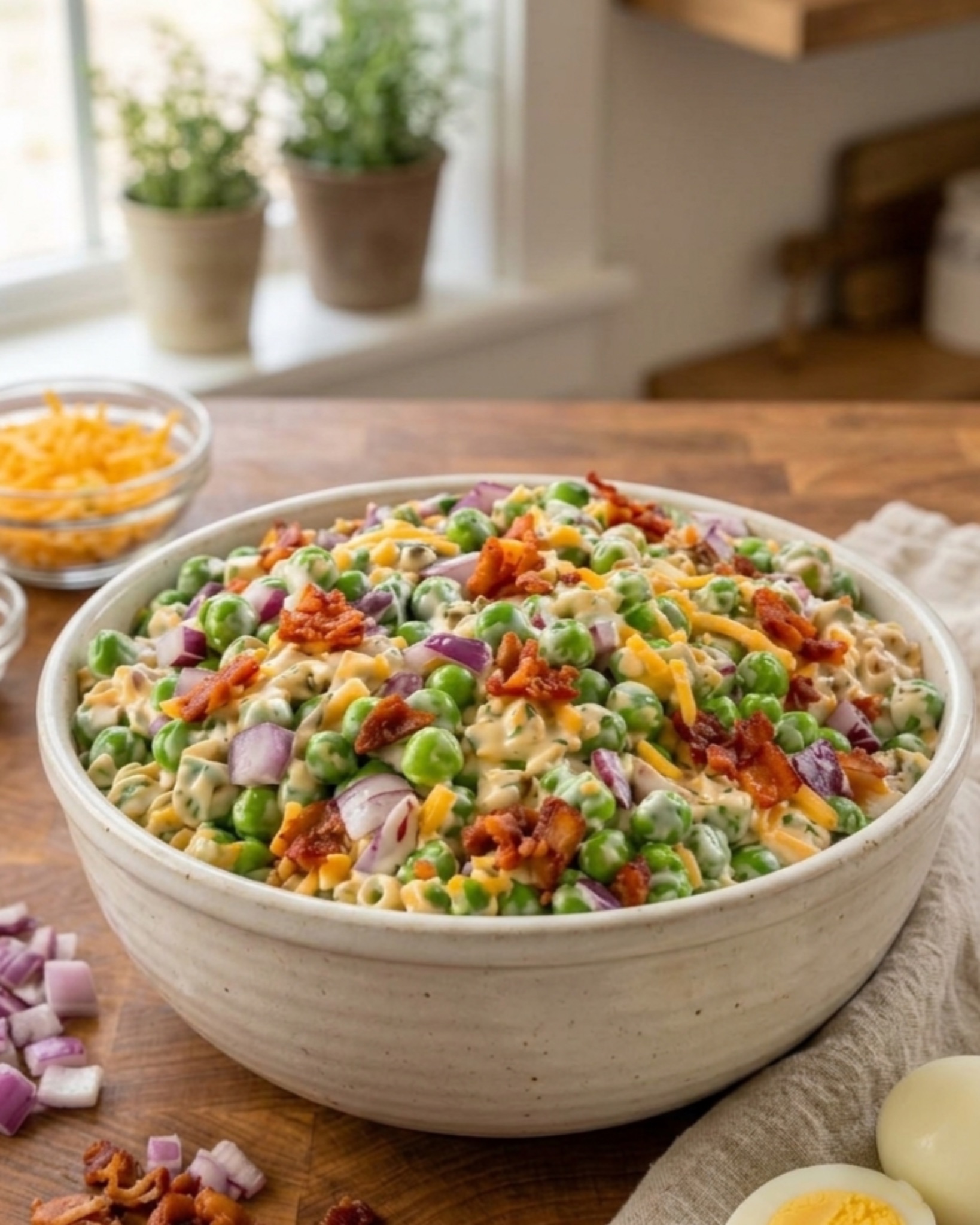 Creamy bacon pea pasta salad with cheddar cheese, red onion, and peas served in a rustic ceramic bowl.