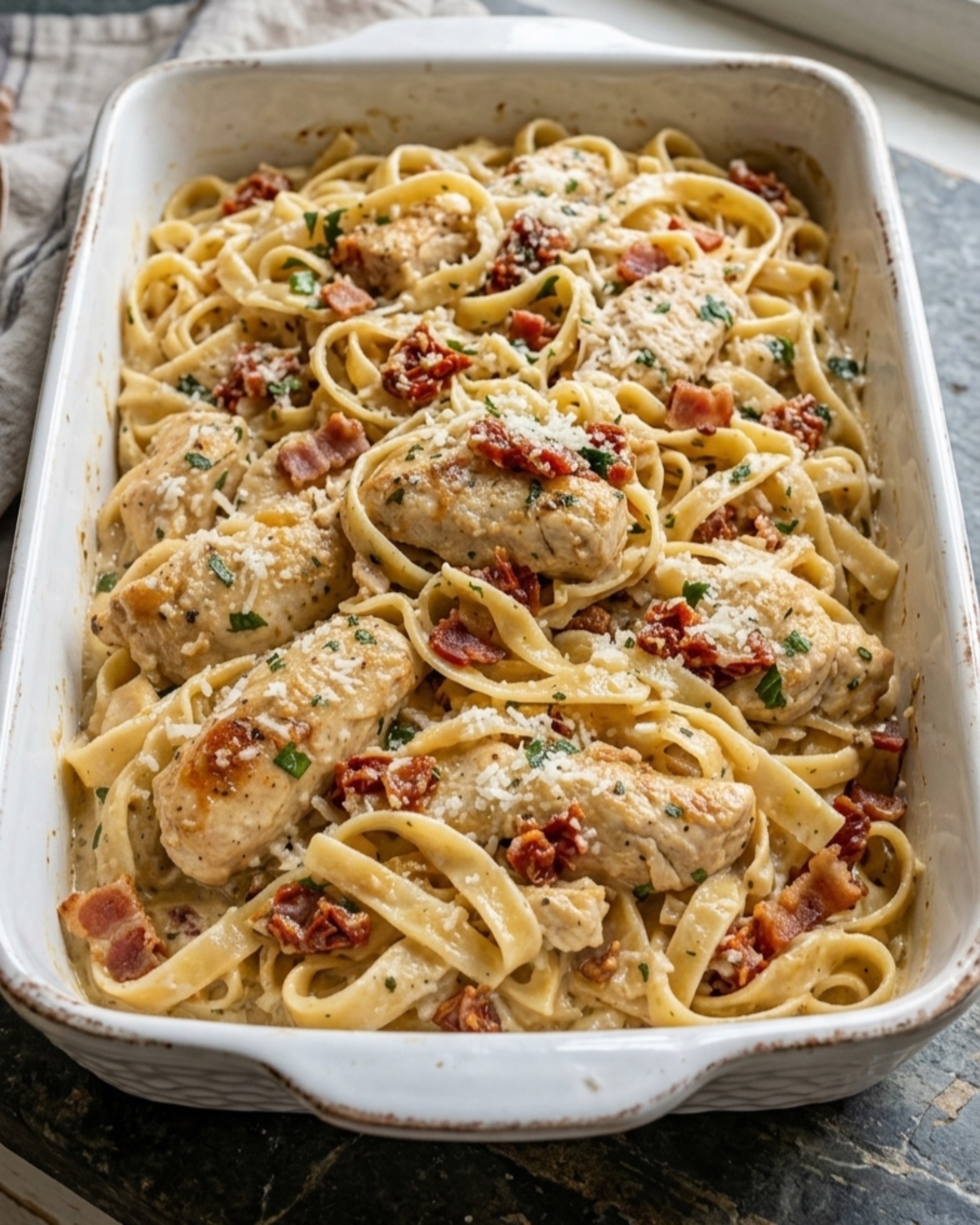 Creamy chicken bacon pasta baked in a casserole dish with fettuccine noodles, parmesan cheese, crispy bacon, and tender chicken in a rich cream sauce.