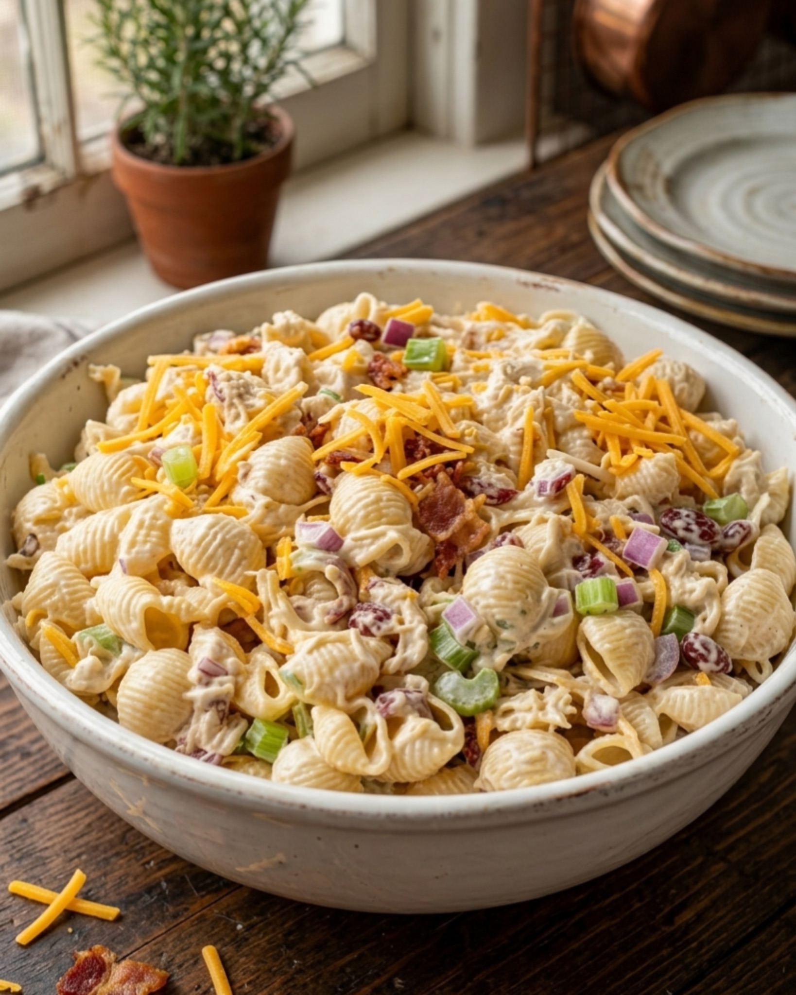 Creamy chicken ranch pasta salad with pasta shells, chicken, bacon, cheddar cheese, celery, and red onion in a large serving bowl.