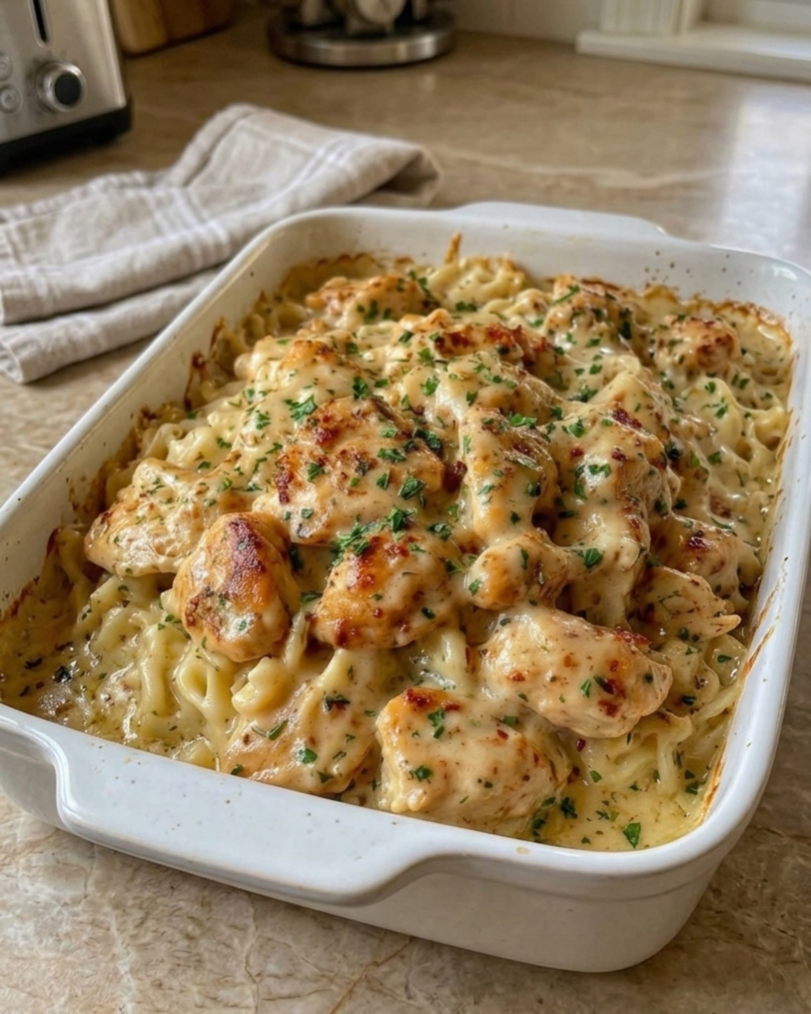 Creamy garlic chicken ramen with tender chicken pieces in a rich cheesy sauce served in a rustic bowl.