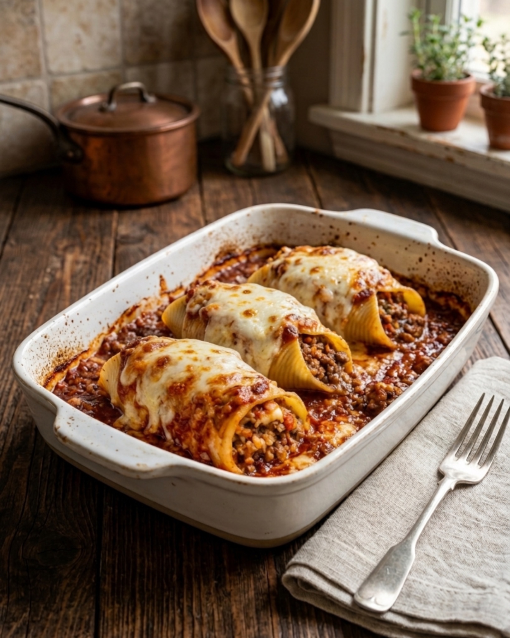 Crockpot stuffed pasta shells filled with seasoned ground beef and topped with melted mozzarella cheese in a baking dish.