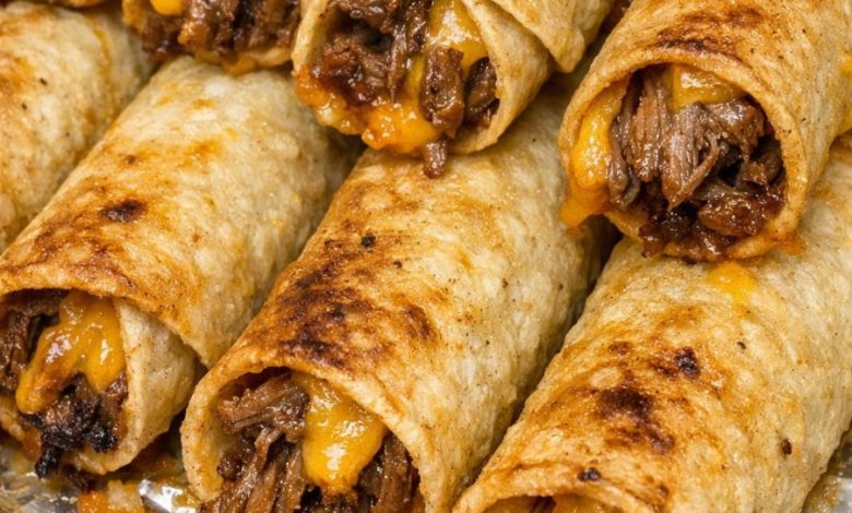 Crispy baked shredded beef taquitos filled with melted cheddar cheese on a baking sheet.