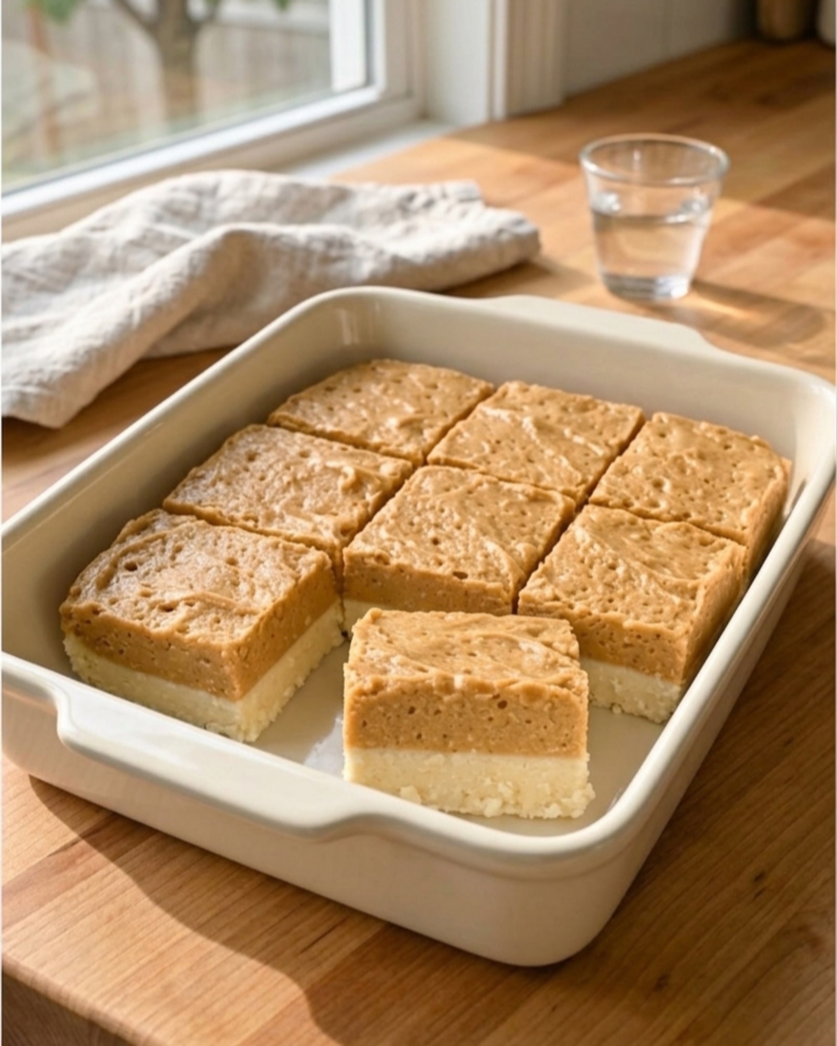 Creamy peanut butter cheesecake bars with a smooth peanut butter topping sliced into squares in a baking dish.