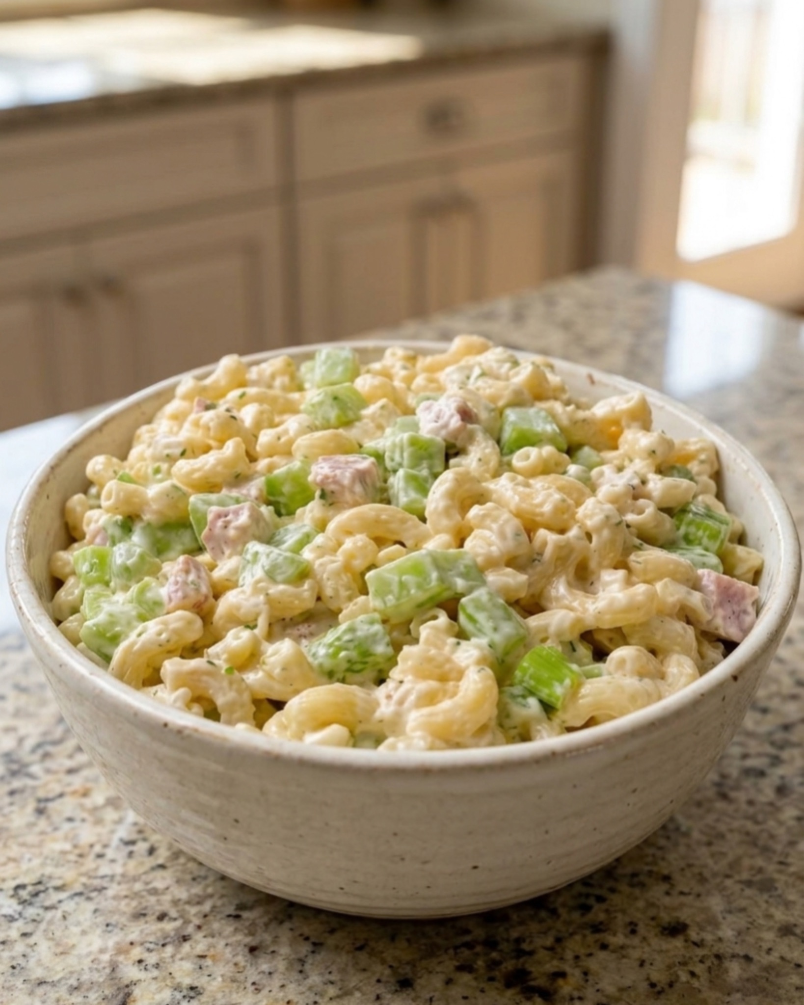 Classic creamy macaroni salad with elbow pasta, celery, ham, and homemade dressing served in a white bowl.