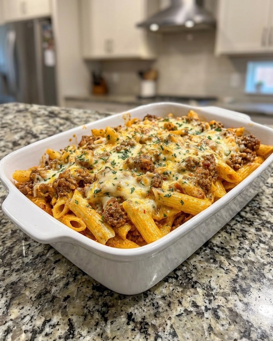 Cheesy Baked Beef Penne Pasta with seasoned ground beef, marinara sauce, mozzarella cheese, and penne pasta baked until golden.