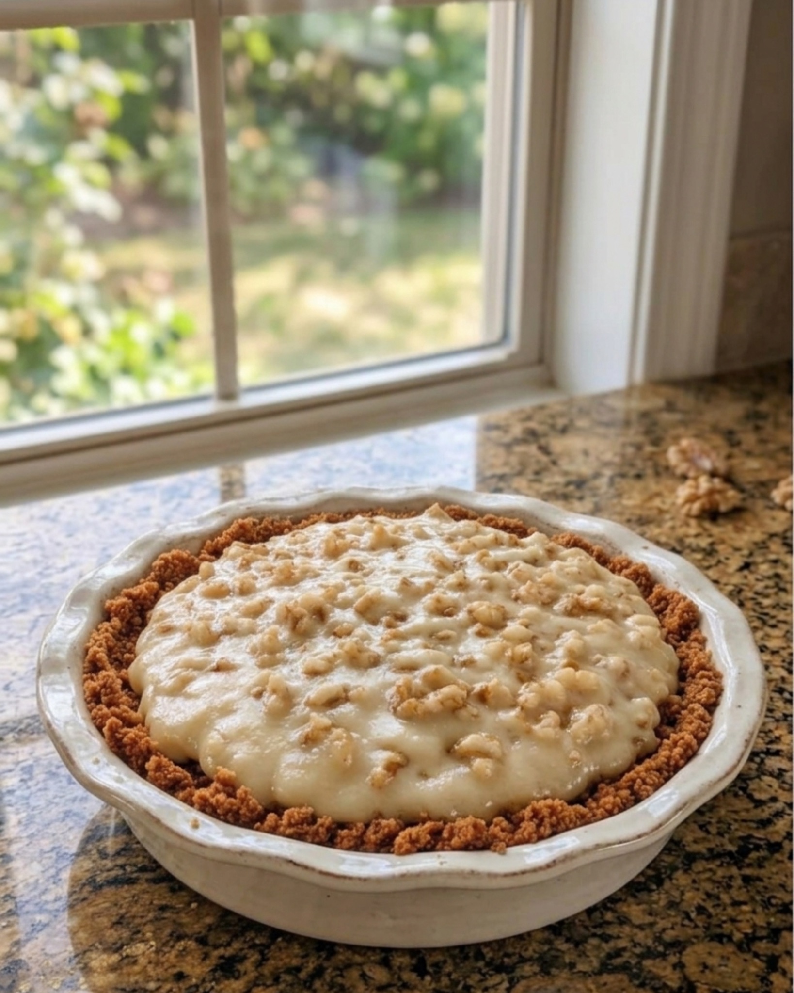 Creamy no-bake walnut cream pie with a buttery graham cracker crust and chopped walnuts in a ceramic pie dish.